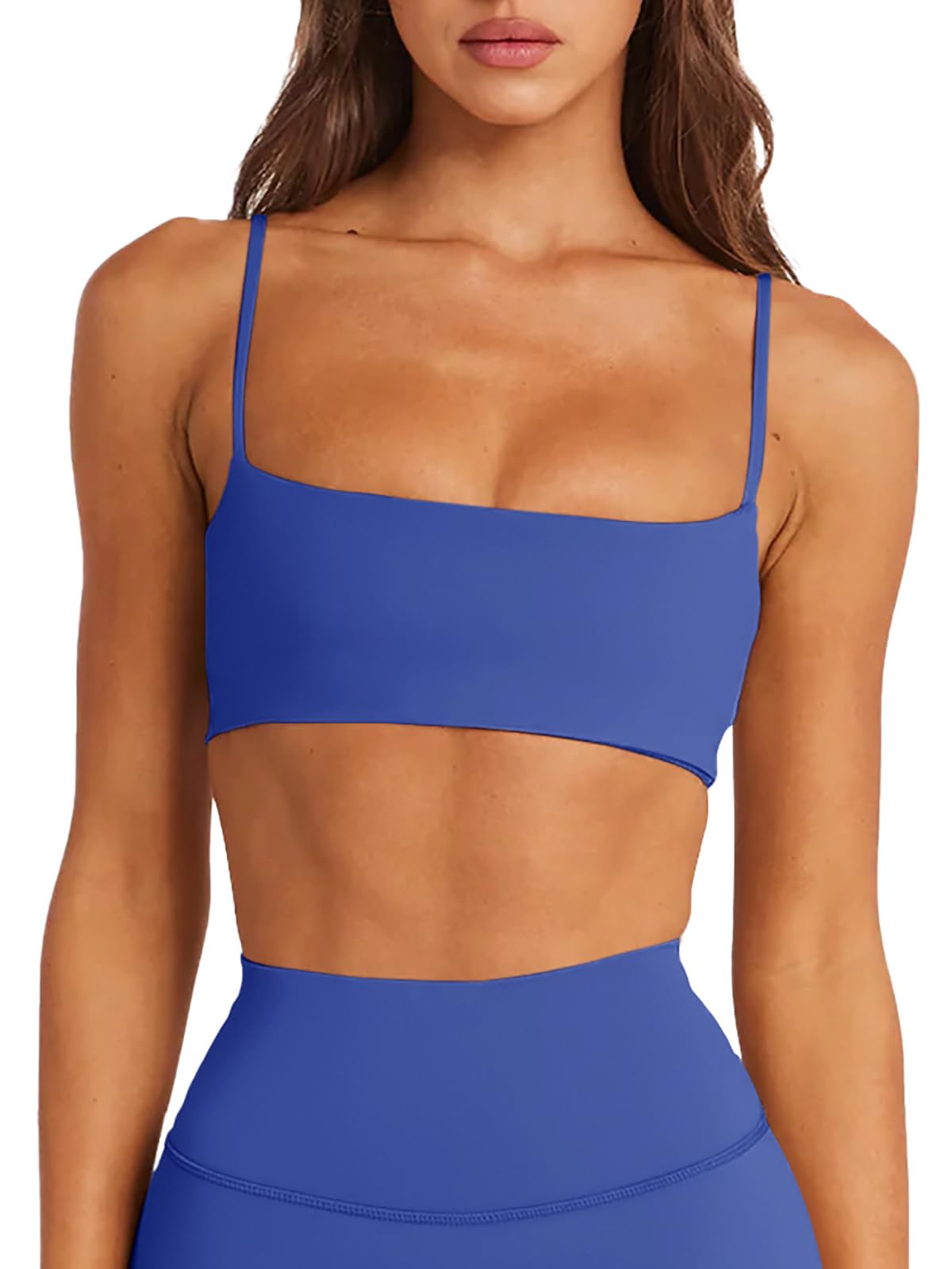 LASLULU Womens Adjustable Spaghetti Straps Sports Bra Square Neck Wireless Padded Workout Yoga Crop Tops