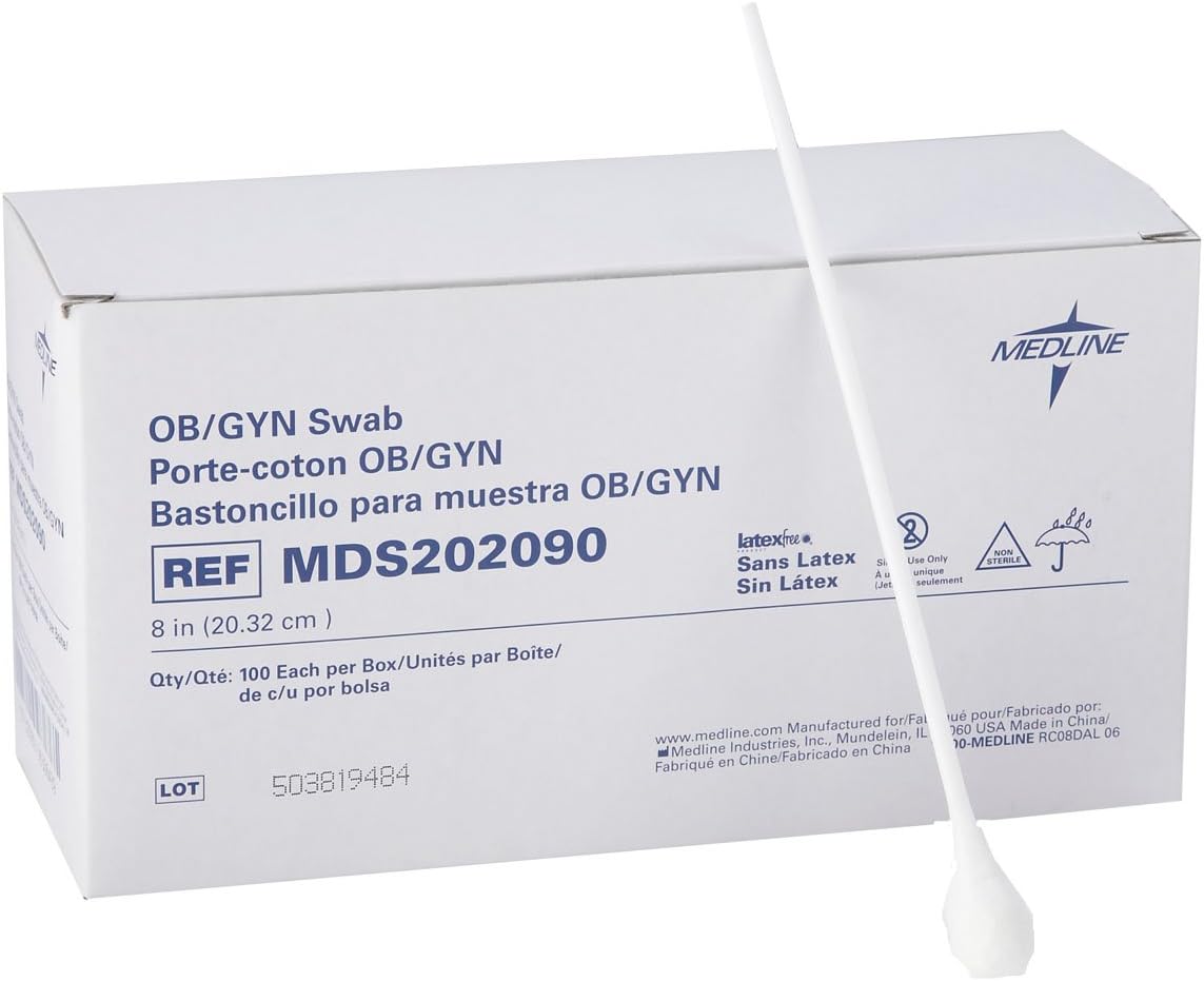 Medline OB/GYN Non-Sterile Swabs with Rayon Tip, Plastic Shaft, 8", Ideal for Medical Examinations, Box of 100