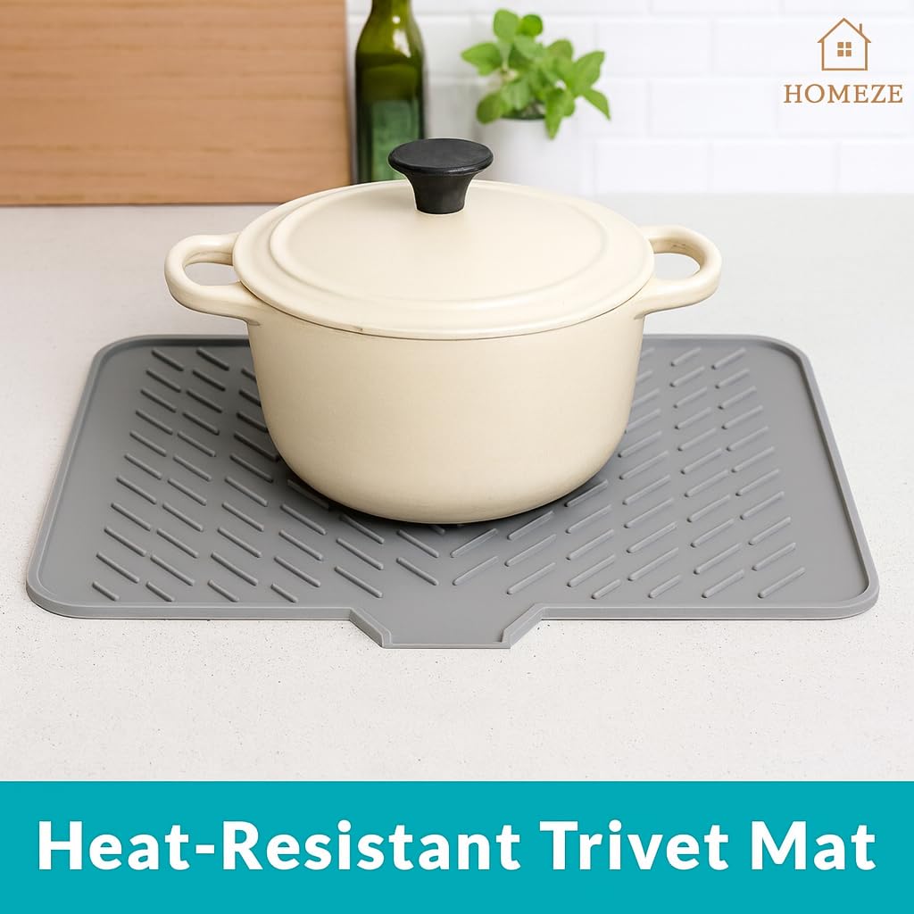 Homeze Tappetino scolapiatti da cucina in silicone, misura media, 40 x 30 cm, vassoio portaoggetti integrato per utensili, sottopentola resistente al calore, protegge i controsoffitti, previene
