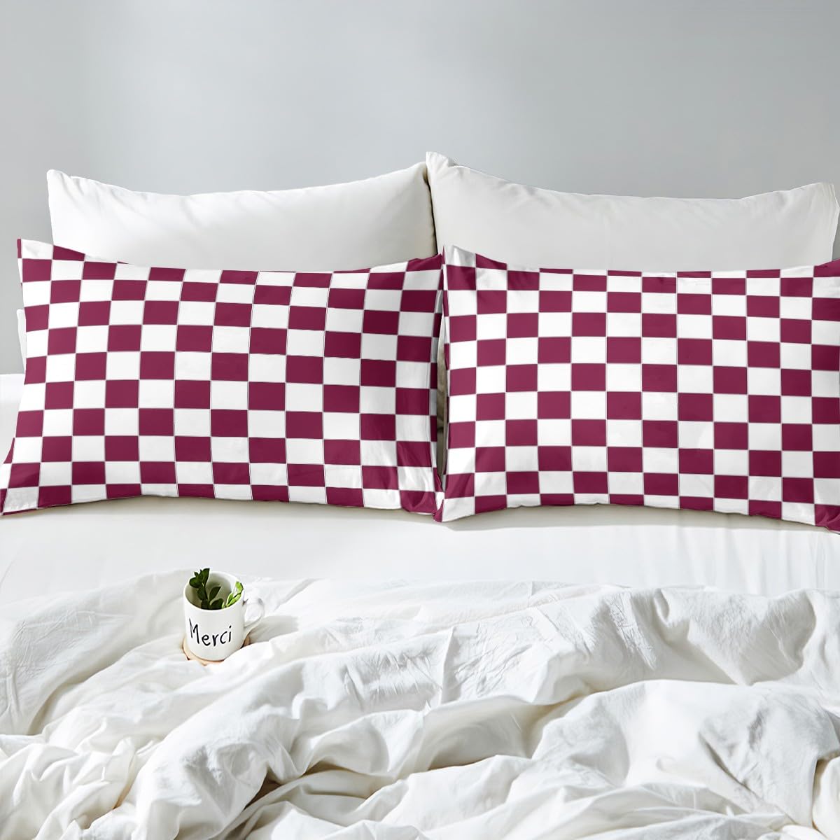 Burgundy Check Plaid Comforter Cover Single White Red Checkerboard Bedding Set,Checkered Grid Duvet Cover For Kids Teen Adults Aesthetic Geometric Bed Set Modern Room Decor Zipper - Image 4