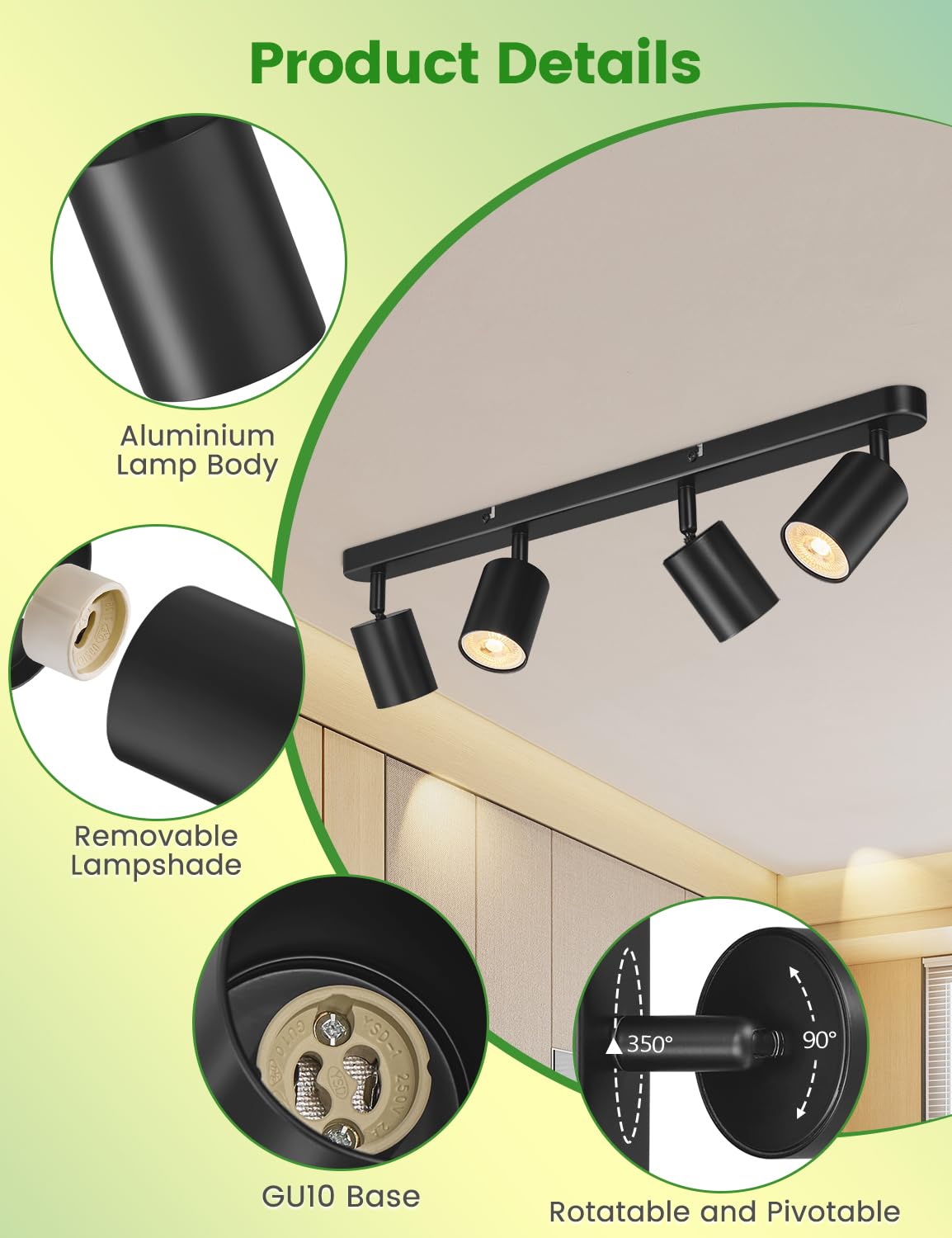 VIIIVA 4 Way Spotlight Ceiling Light Rotatable, Black Spot Lights GU10 Industrial Spotlights Fitting Adjustable - Image 4