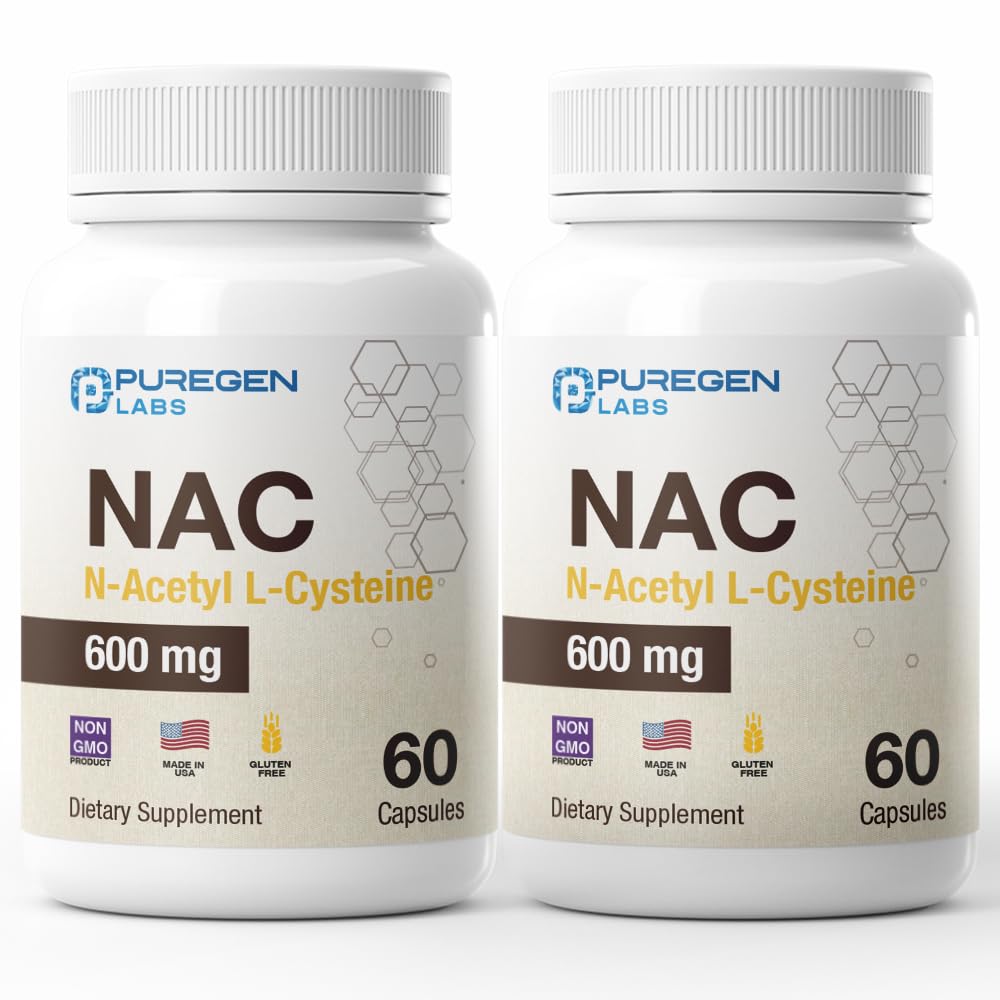Puregen Labs N-Acetyl-L-Cysteine (NAC) 600mg, NAC 600 mg, Potent antioxidant Support, Free-radicals, Easy to Absorb - Total 120 Veggie Capsules
