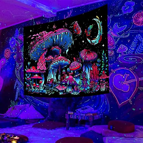 TUGCAY Blacklight Mushroom Tapestry, Glow In The Dark Tapestry Black Light Plant Fantasy UV Reactive Mushroom Butterfly Moon Tapestries Posters Wall Hanging for Bedroom Dorm Decor(50"x60") by TUGCAY - Used condition - Image 3