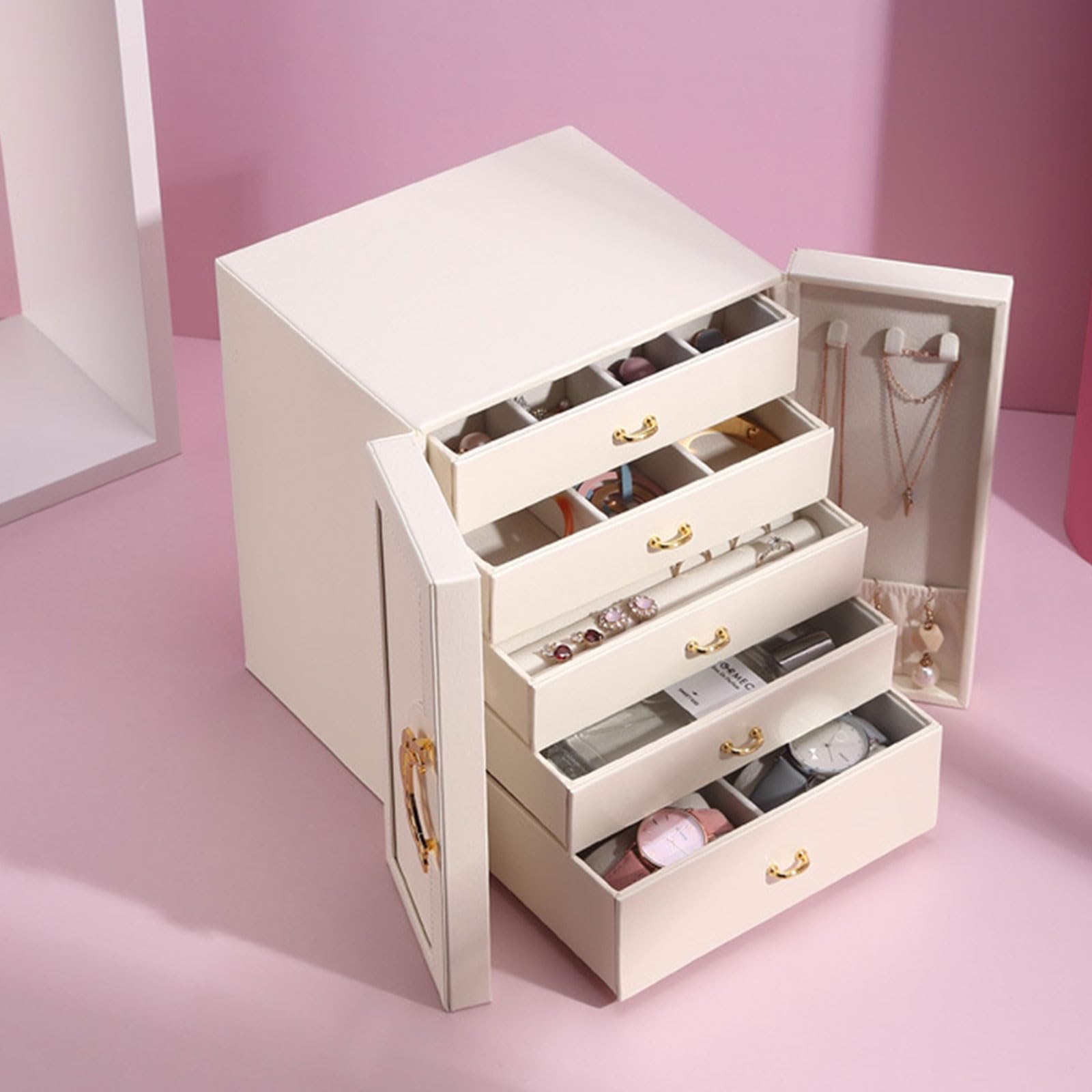 Elegante soporte para joyas con terciopelo para accesorios interiores, caja de gran capacidad para anillos, aretes, collares, relojes, organizador de joyas