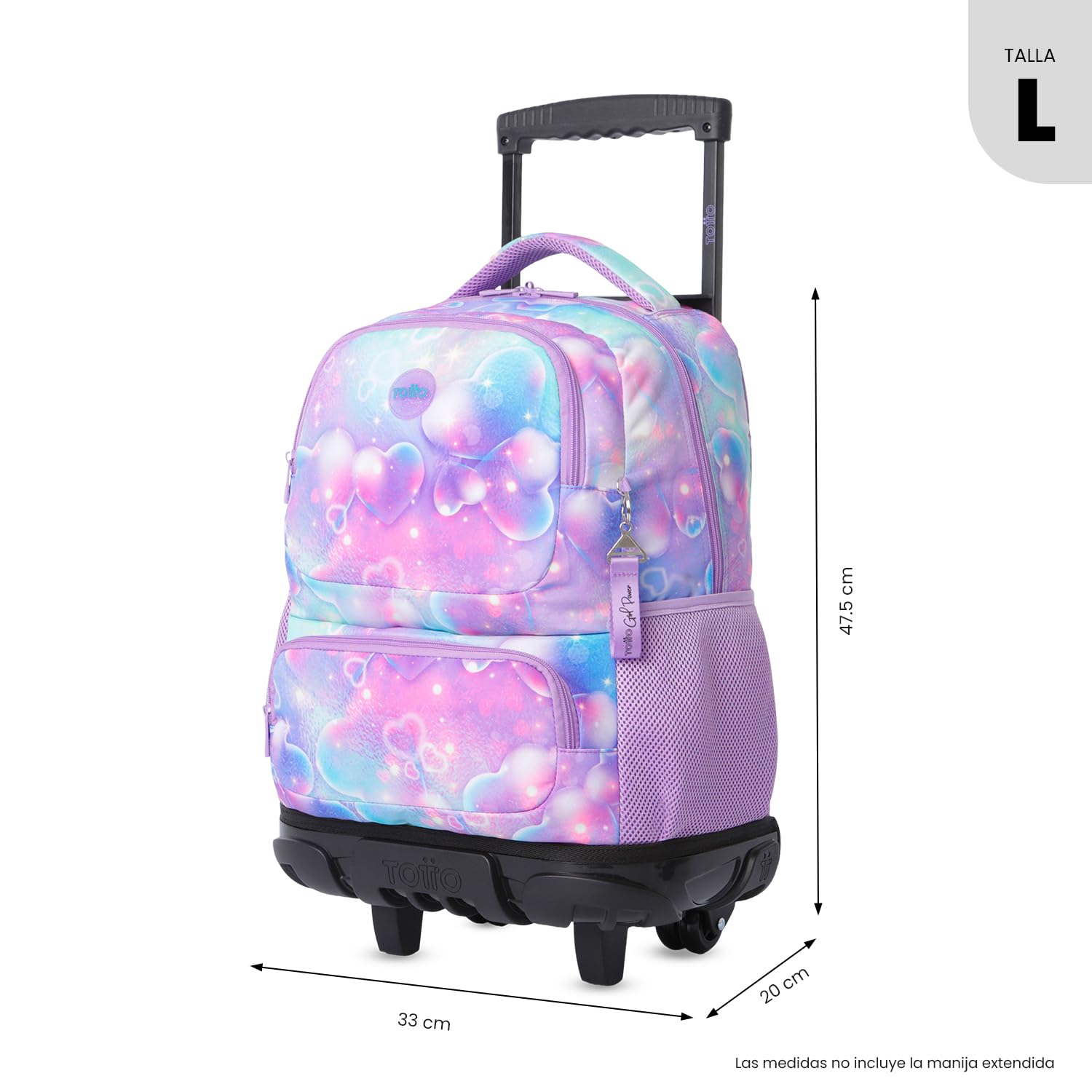 TOTTO - Mochila Escolar con Ruedas, Modelo SKL L, Capacidad 25 L, Mochila Grande, Bolsillo Botella, Bomper Protector, Asa de Mano, Manija Telescópica, Resistente y Cómoda, Estampado Korina