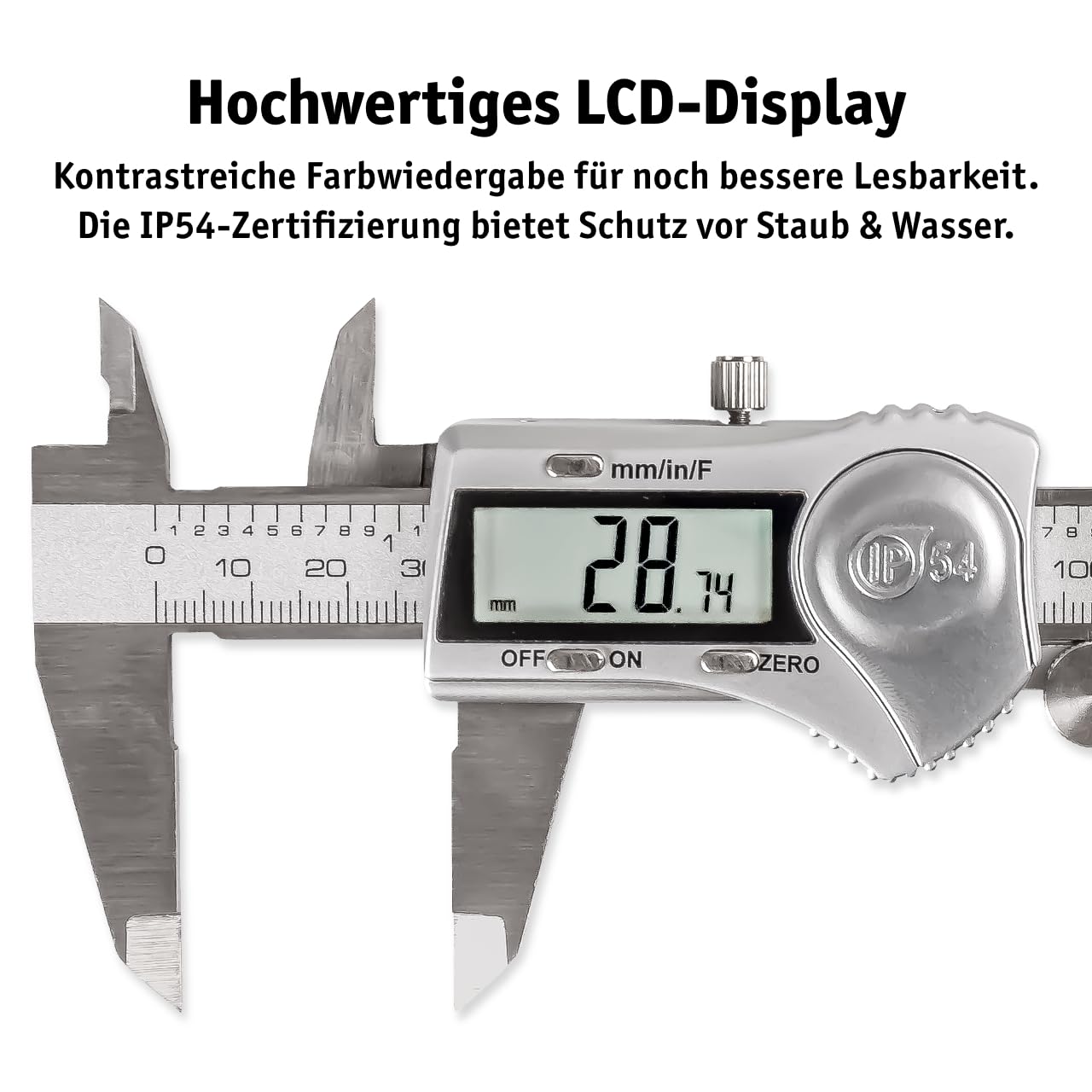 WALTER Schieblehre Digital, Messschieber Analog, Schieblehre, Messlehre, inkl. Knopfbatterie 3V, Edelstahl, spritzwasserfest, IP54 zertifiziert, LCD Display, Messbereich 0-150mm, inkl. Feineinstellrad