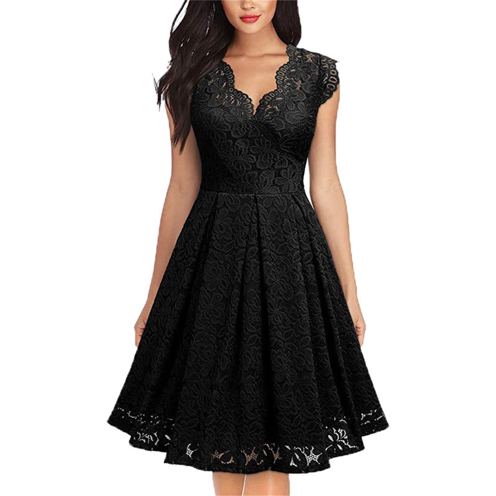 Vestido Vestido Retro de Encaje Femenino Vestido Swing de cóctel sin Mangas con Cuello en V
