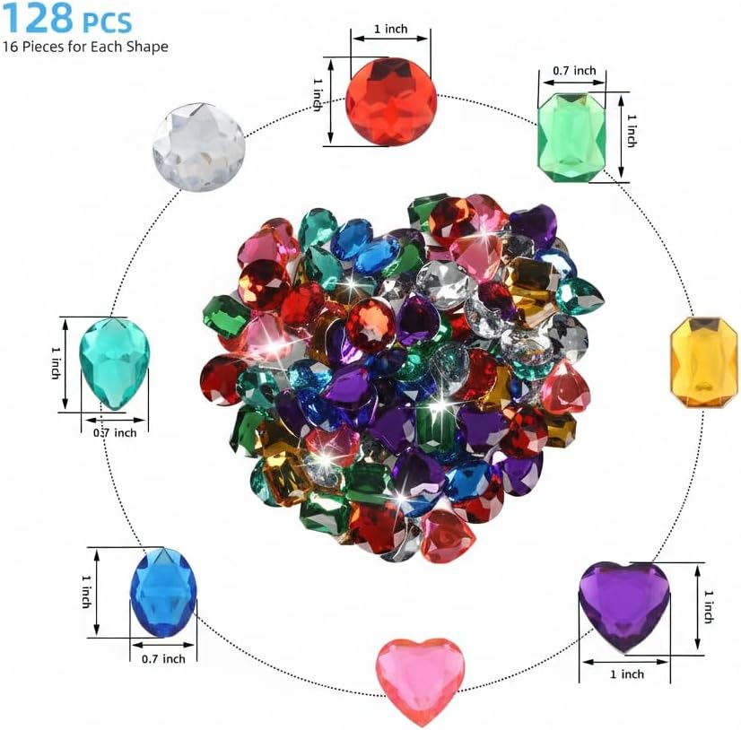 128Pcs Large 1 Inch Acrylic Diamond Jewels for Crafts, Flat Back Gems with 140 Adhesive Dots, Stick on Pirate Treasure Chest Fillers, Assorted Colorful Stones for DIY Projects