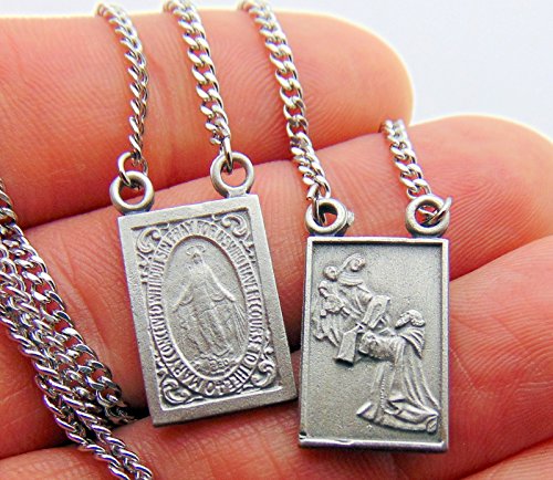 Westman Works Pewter Catholic Scapular Medal Our Lady of Mount Carmel & Sacred Heart on a Stainless Steel Chain3