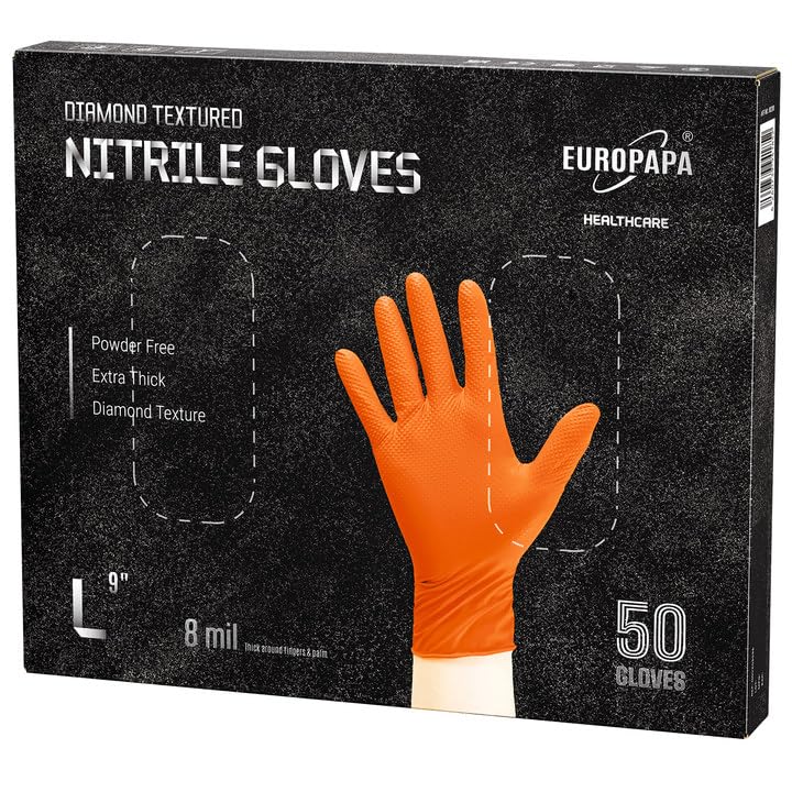 EUROPAPA46x extra thick nitrile gloves DiamantGrip Diamant black and orange Perfect Grip disposable gloves assembly protection gloves powder-free latex-free work gloves (orange, L)