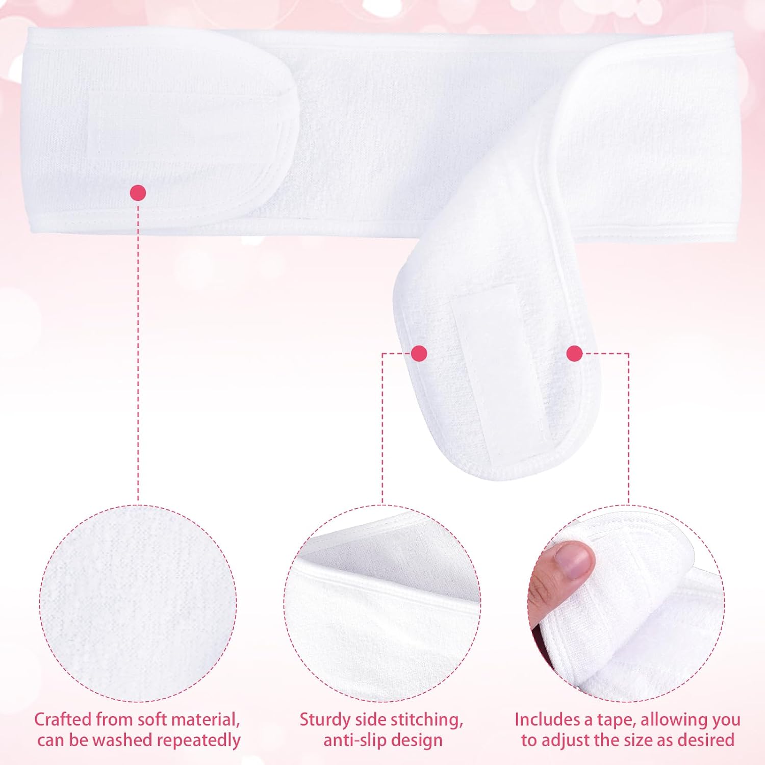 30 Pack Spa Headband with Tape White Adjustable Sports Shower Towel Facial Esthetician Stretch Hair Wrap for Women Makeup