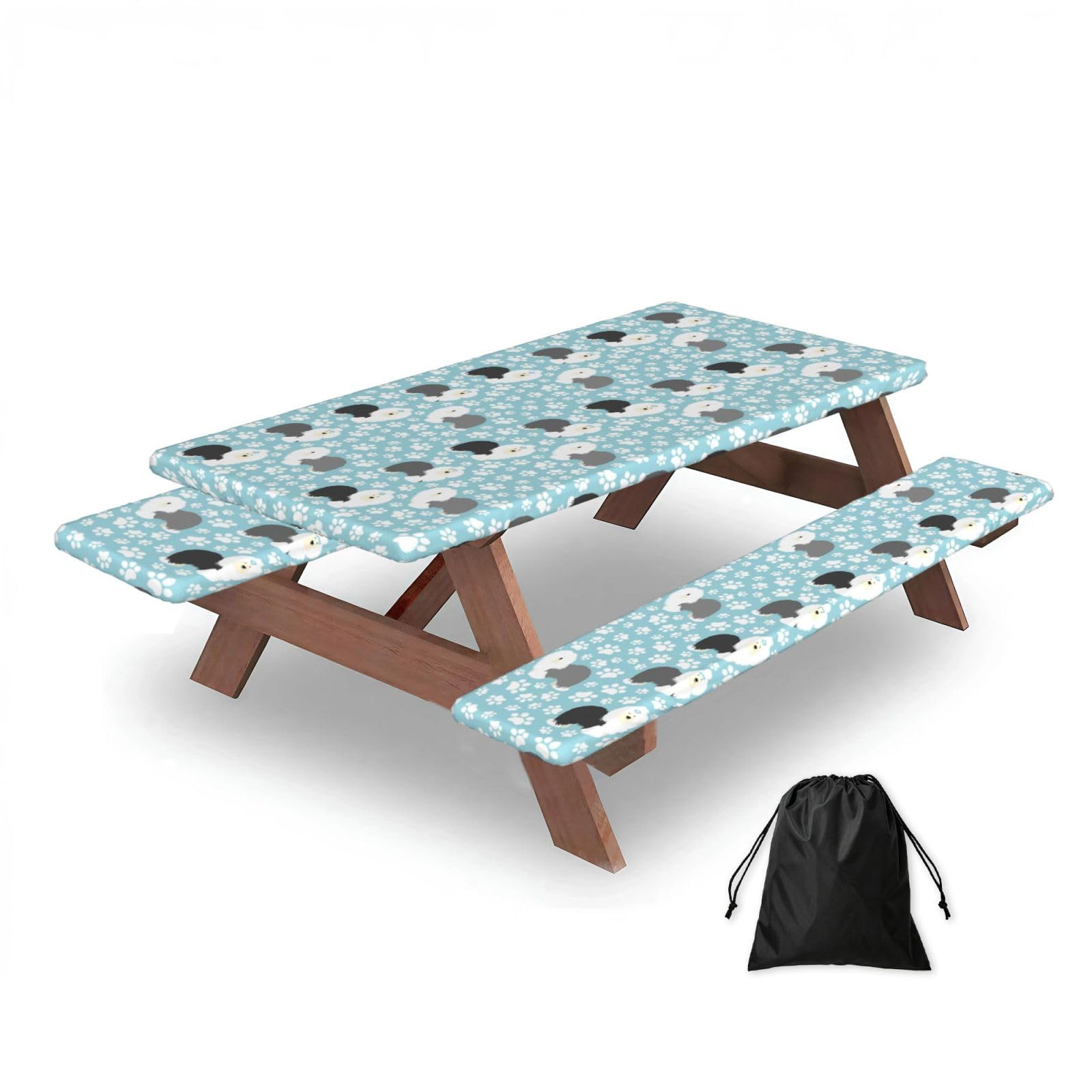 Dopklna As Picture Old English Sheepdog Background With Hand Drawn Paws Cute Cartoon, Picnic Table Cover With Bench Covers -Waterproof Elastic Fitted Tablecloth For Garden Camping Patio 76X152cm