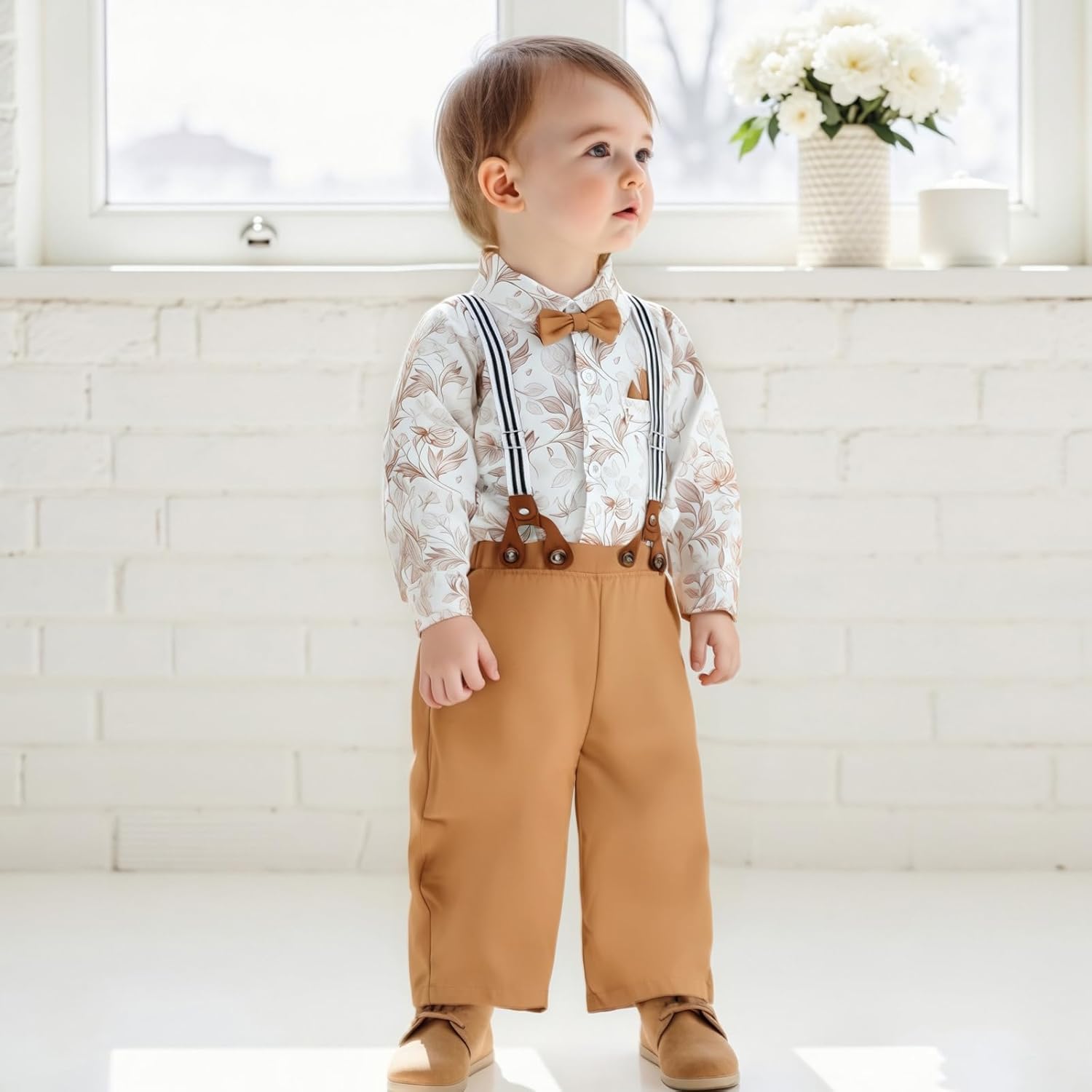 fhutpw Toddler Boy Clothes Suit Formal Dress Shirt with Bowtie & Suspender Pants Kids Gentleman 3pcs Wedding Outfits - Image 2