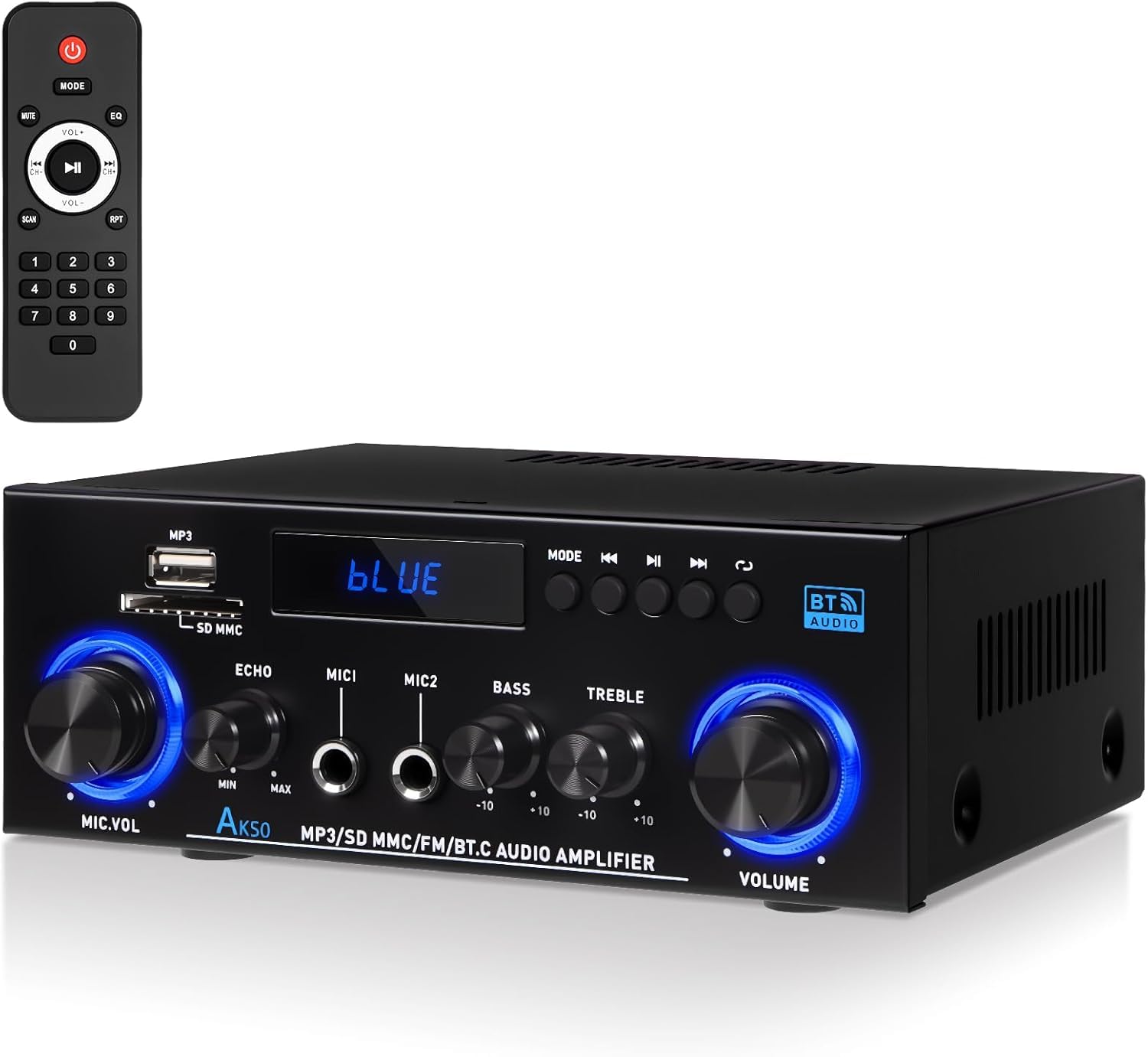 Amplificador de Audio Estéreo 2.0 Canales con Bluetooth 5.3, Radio FM y Micrófono - 1000W Pico (50W+50W RMS), Control de Graves/Agudos, Compatible con TV, Smartphone, Coche, PC y Karaoke