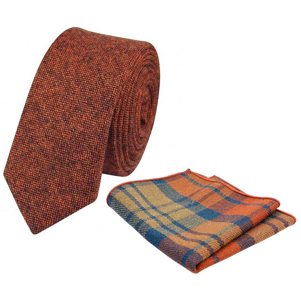 Db Dickie Bow Men's Burnt Orange & Orange And Blue Plaid Luxury Wool Skinny Neck Tie & Pocket Square Set (Rust ) - Suitable For Formalwear, Office, Weddings, Parties, Grooms & Grooms Outfits
