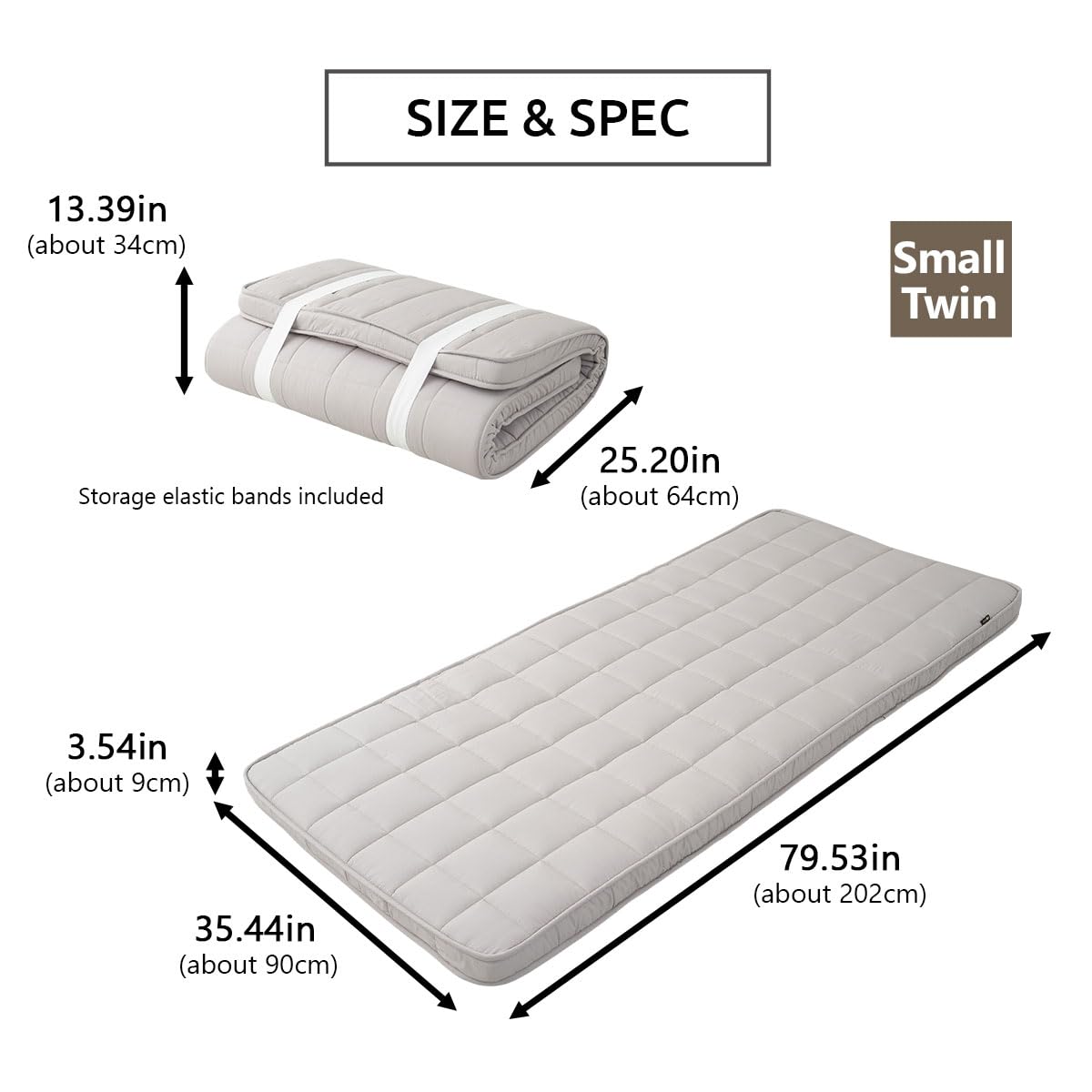 EMOOR Japanische Gepolsterte Futon Matratze Machi 90 x 202 cm Grau, Urethan- und Polyester (Fest) Zwickel Faltbar Speicherbar Gästebett Tatami-Matte