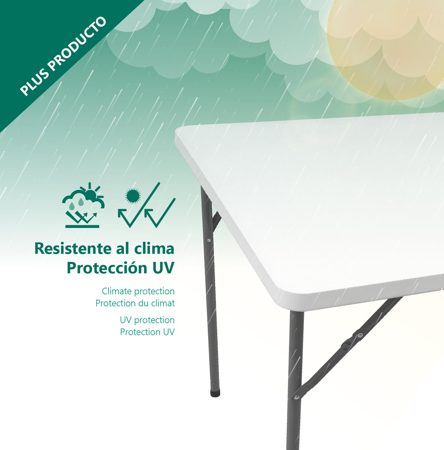 Mesa plegable SOLID Cuadrada 86*86*74cm | Portátil | Multifuncional | Normativa Uso Público Interior/Exterior (EN 581-1/3) | Tablero Resina HDPE 3,8cm. | Capacidad 4 Personas | Carga 120 kg.