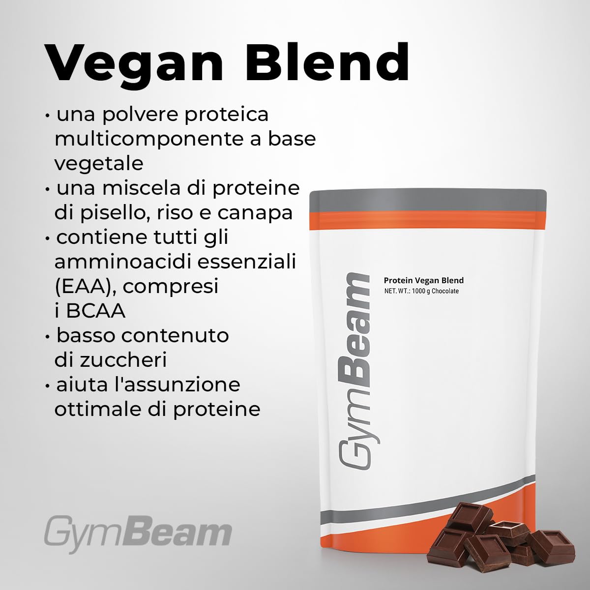 GymBeam Proteine Vegan Blend - Miscela di Proteine di Pisello, Riso e Canapa, Senza Glutine, Lattosio, Soia e OGM, Ideale per Vegetariani e Vegani, Basso Contenuto di Zuccheri (1000 g, Cioccolato)