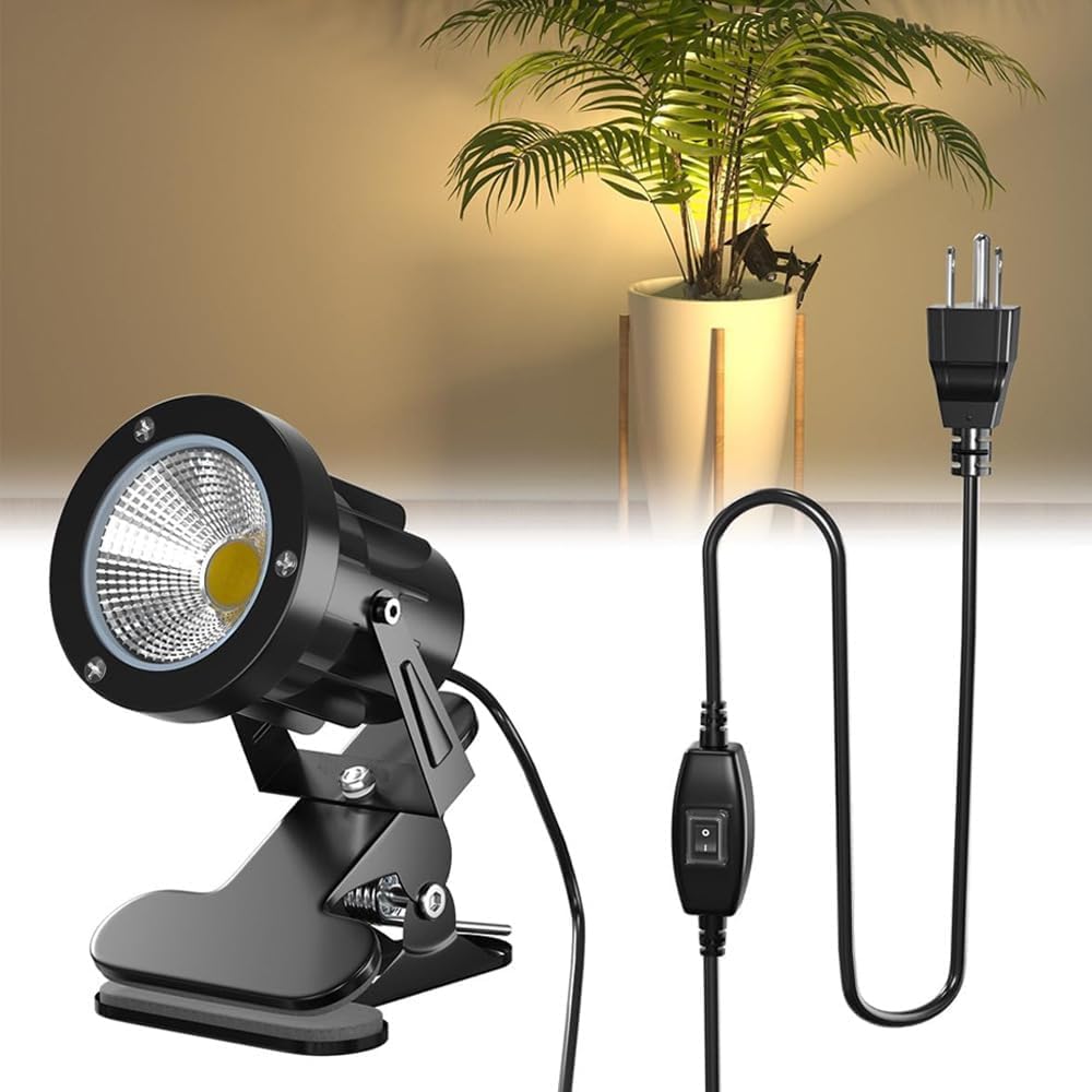 LED Clip on Spot Light with On/Off Switch 7W Clamp Lamp Garden Spotlight Mains Powered IP65 Water Resistant Plant Uplighters Indoor and Outdoor 2M Cord, Warm White for Pathway, Deck, Lawn, Patio, Walk