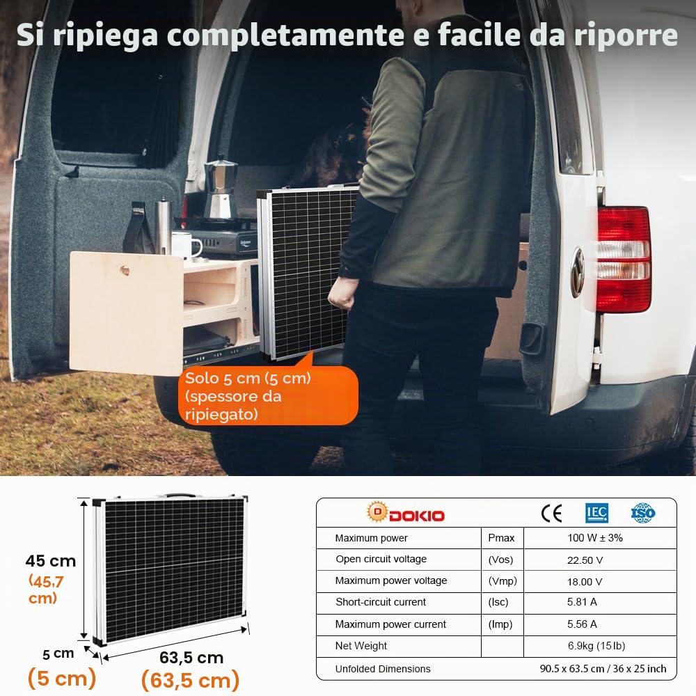 DOKIO Pannelli solari pieganti del Portatile 100 Watt con regolatore Perfetti per 12 Volt Batteria per Camper e Caravan Campeggio Jardin RV Yacht Shed furgoni Camper Barca