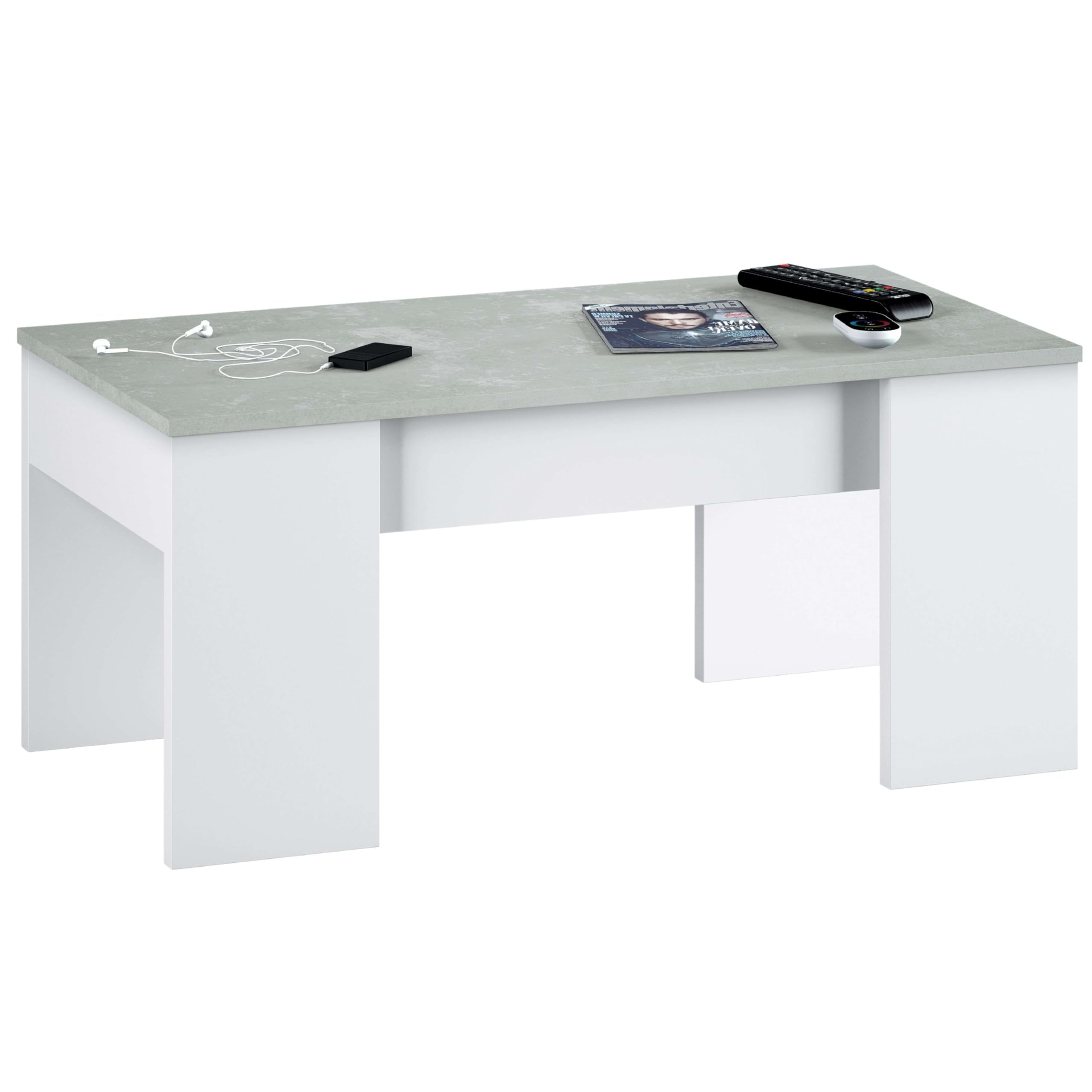 Mesa de Centro Elevable, Mesita de Salón o Comedor, Modelo LC, Acabado en Color Blanco Artik y Cemento, Medidas: 100 cm (Ancho) x 50 cm (Fondo) x 45-56 cm (Alto)