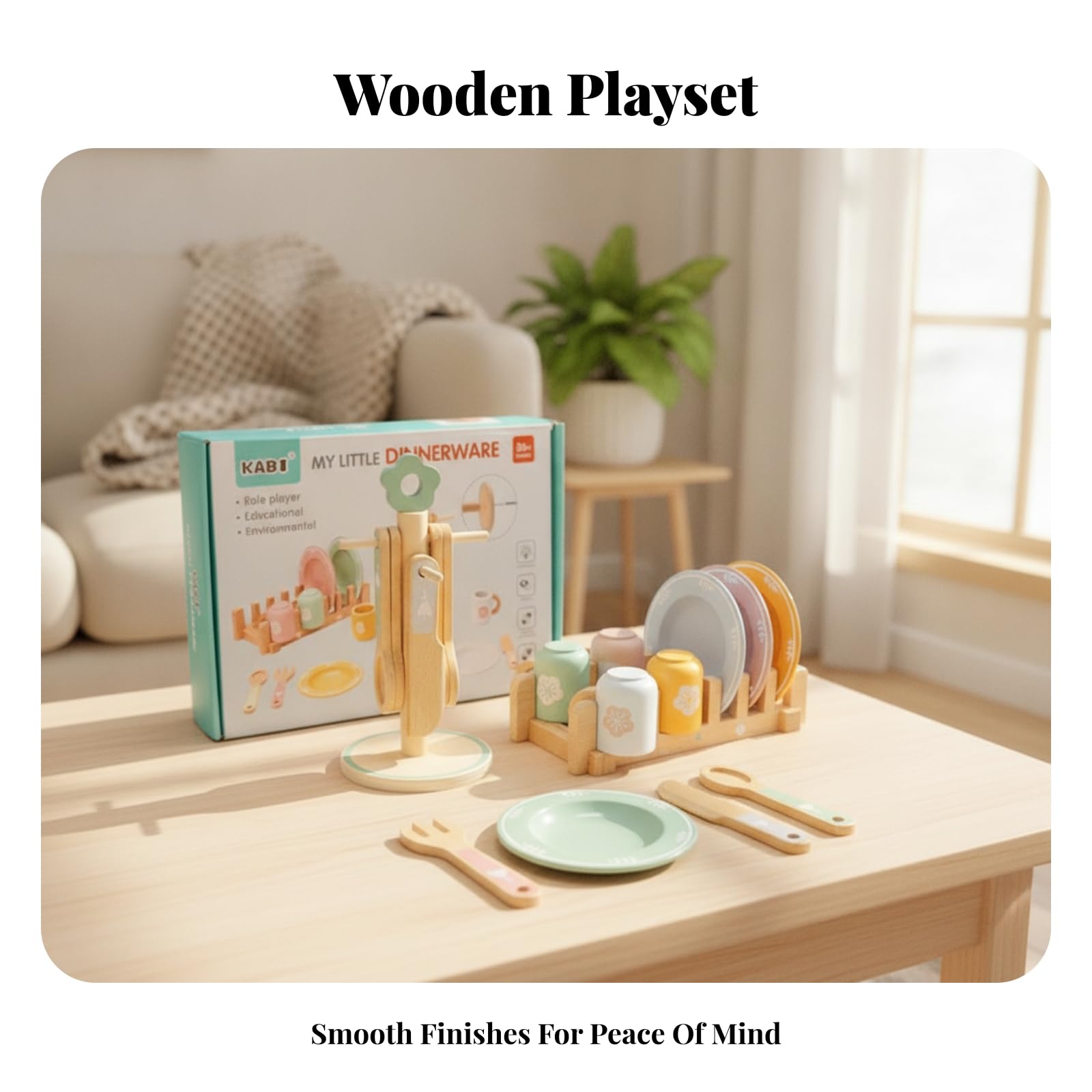 Set Cucina Giocattolo Bambini in Legno Servizio Piatti Bicchieri Posate con Rastrelliera E Supporto Materiale Faggio E Multistrato Adatto a Gioco Immaginazione Casa Aule Cameretta