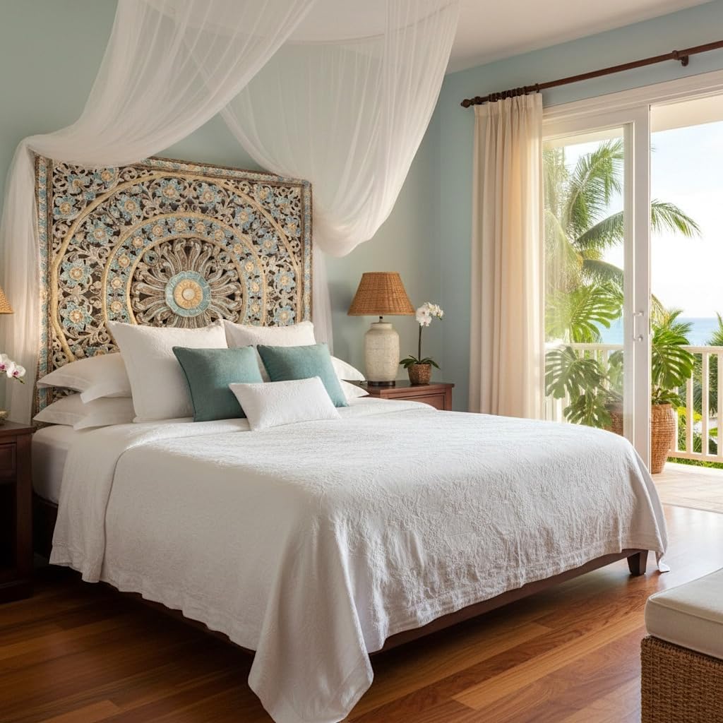 Dianna Queen Headboard Only, Wall Mounted Headboard Panels 59 x 59 in, Hand Carved Mandala Boho Wood Headboard for Bedroom Wall Decor