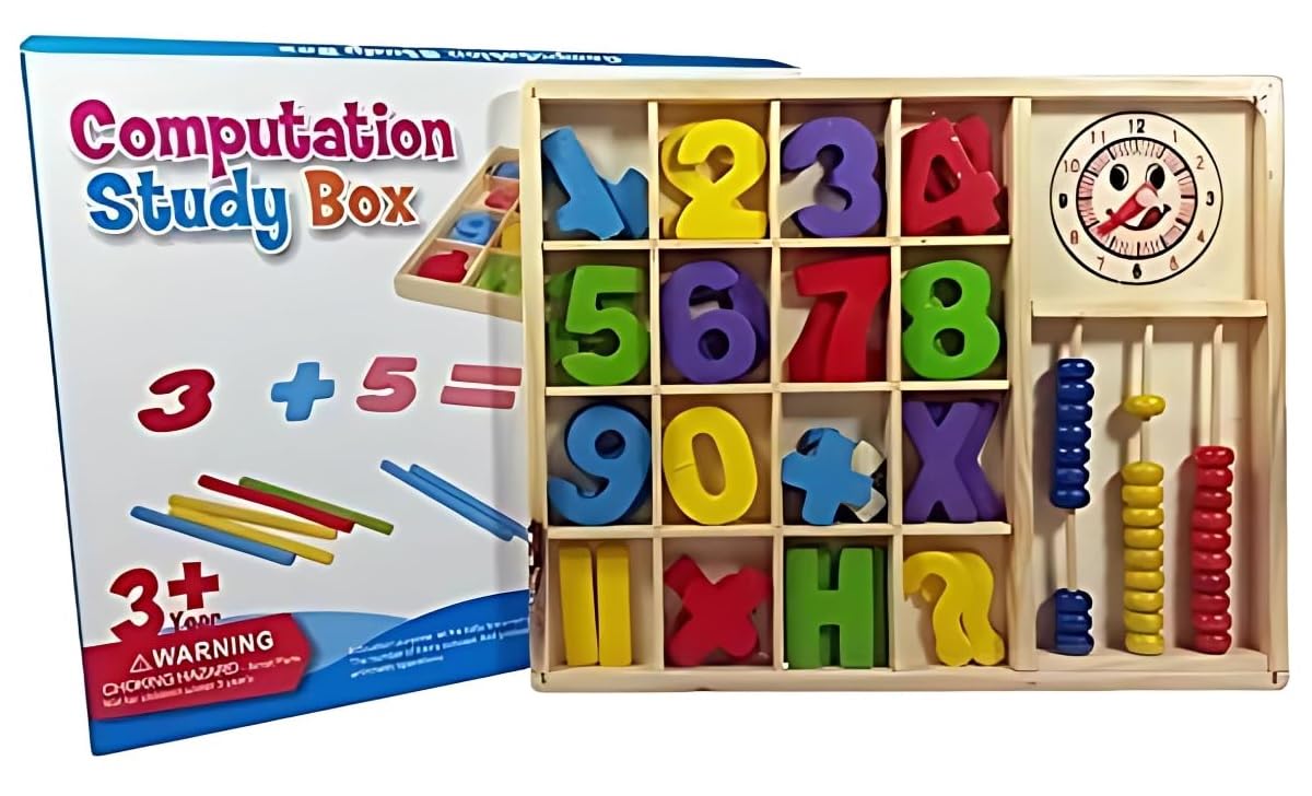 Smoneo Wooden Computation Study Box for Kids Abacus, Clock, Number Blocks & Marker Educational Puzzle Toy for Home Learning & Math Practice (Random Color) 1
