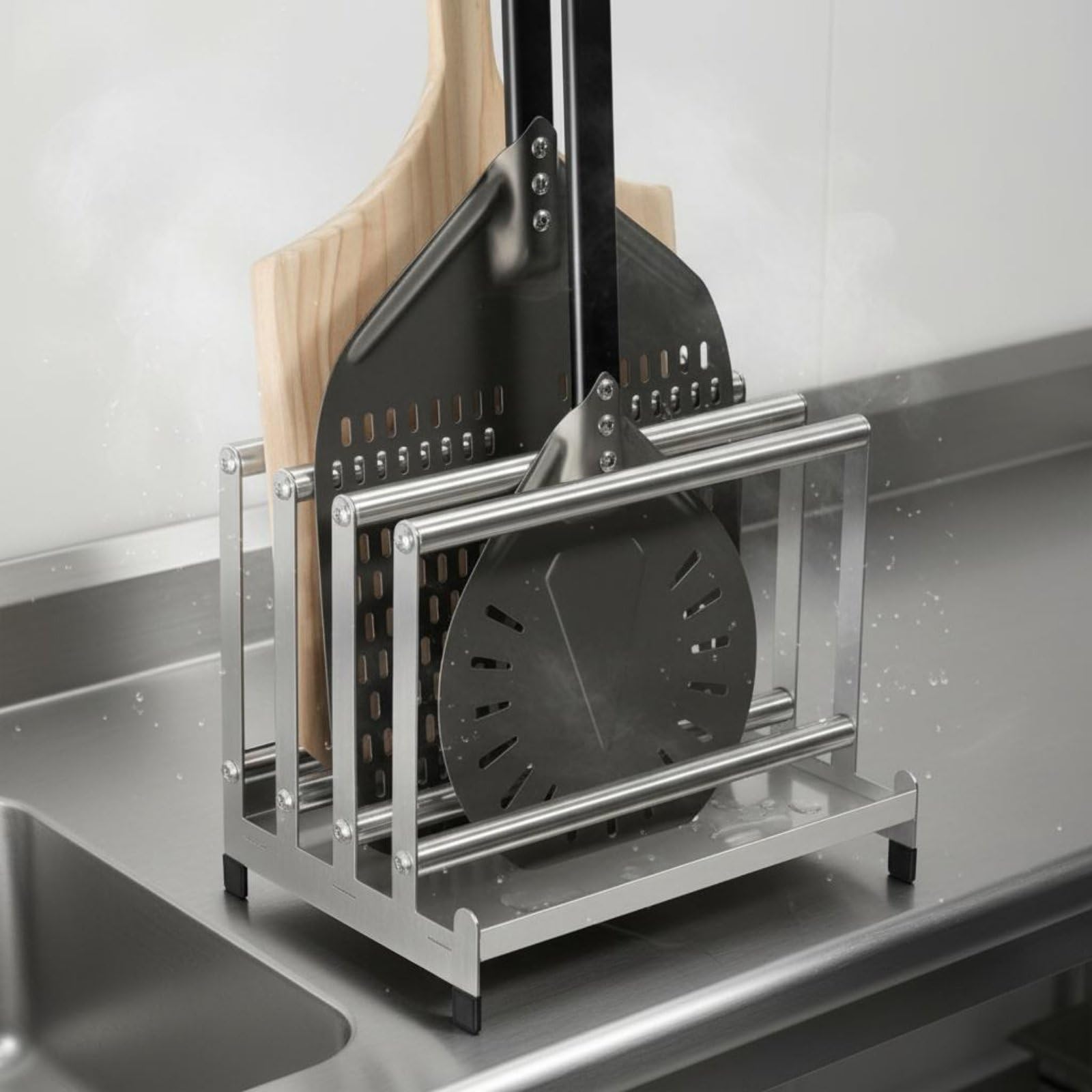 Pizzaportaoggetti Scaffale Portapale Rack Porta Paddle Base Ventilata Compatta in Acciaio Inox Adatto per Cucine Professionali Pizzeria Ristoranti