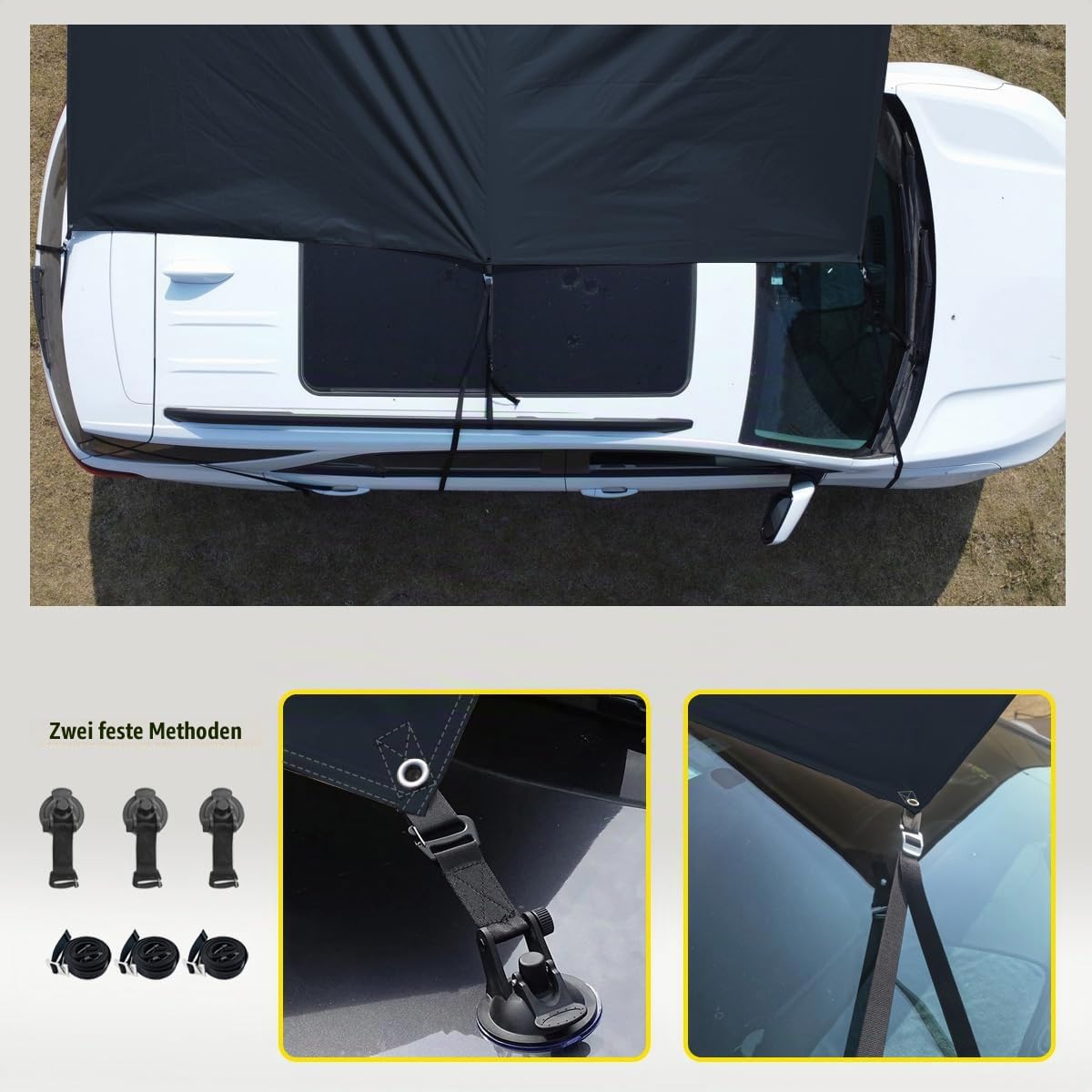 2.9x4.8 Wohnmobil Markise Van Wohnwagen Tür Vordach Wasserdicht und Sonnenschutz Heckklappe Sonnensegel Outdoor Camping Plane mit Stange Heckzelt (Schwarz, 3x5m)