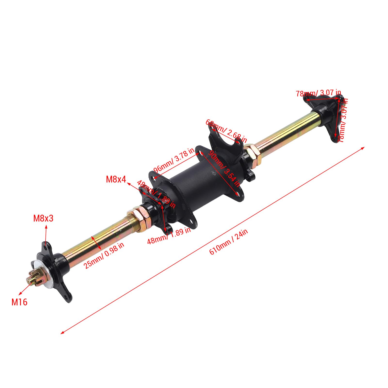 aqxreight Go-Kart-Hinterachse, 610 Mm, Robustes Antriebsachsen-Set aus Stahllegierung mit Kettenrad- und Bremsscheibenhaltern, Nabenflanschen, Kompatibel mit ATV, Drift-Trike, Fahrzeugersatz für Go