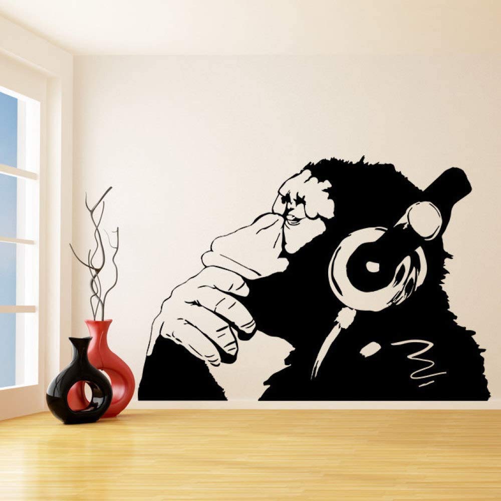 56X80Cm Banksy Vinyl Wall Decal Monkey with Headphones Chimp Listening to Music in Earphones Street Graffiti Sticker Mural Poster