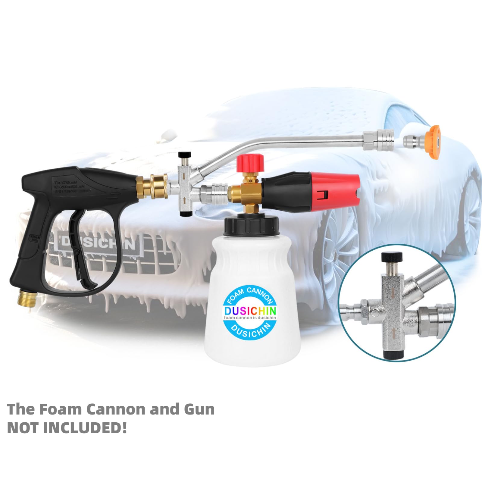 DUSICHIN Cañón de espuma de doble conector, accesorio de lavadora a presión, accesorio de doble punta para cañón de jabón, conexión rápida de 1/4 pulgadas para lavado de coche, 5 boquillas
