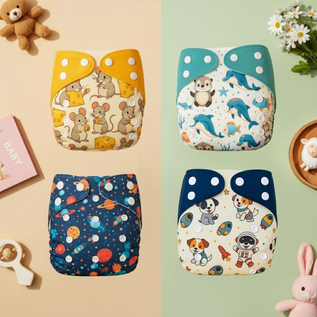 Blushbaby Premium Reusable Cloth Diaper for Babies (3 Months – 3 Years) | 4 Washable Diaper with 4 Insert Pad | Adjustable, Leak-Proof, rash free & Absorbent | Freesize Diaper (5-18kg)