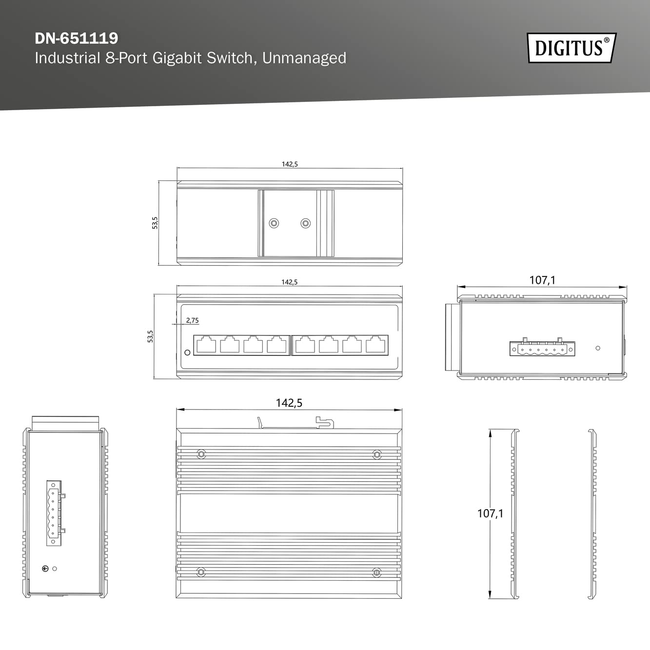DIGITUS Conmutador de Red - Gigabit Ethernet de 8 puertos - Montaje en carril DIN - Bloque de terminales - Sin ventilador - Negro/Azul