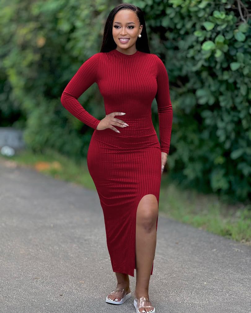 TOPSRANI Womens Bodycon Maxi Dress Split Striped Ribbed Crewneck Long Sleeves Casual Sundress Solid Sexy Skinny Dresses - Image 3