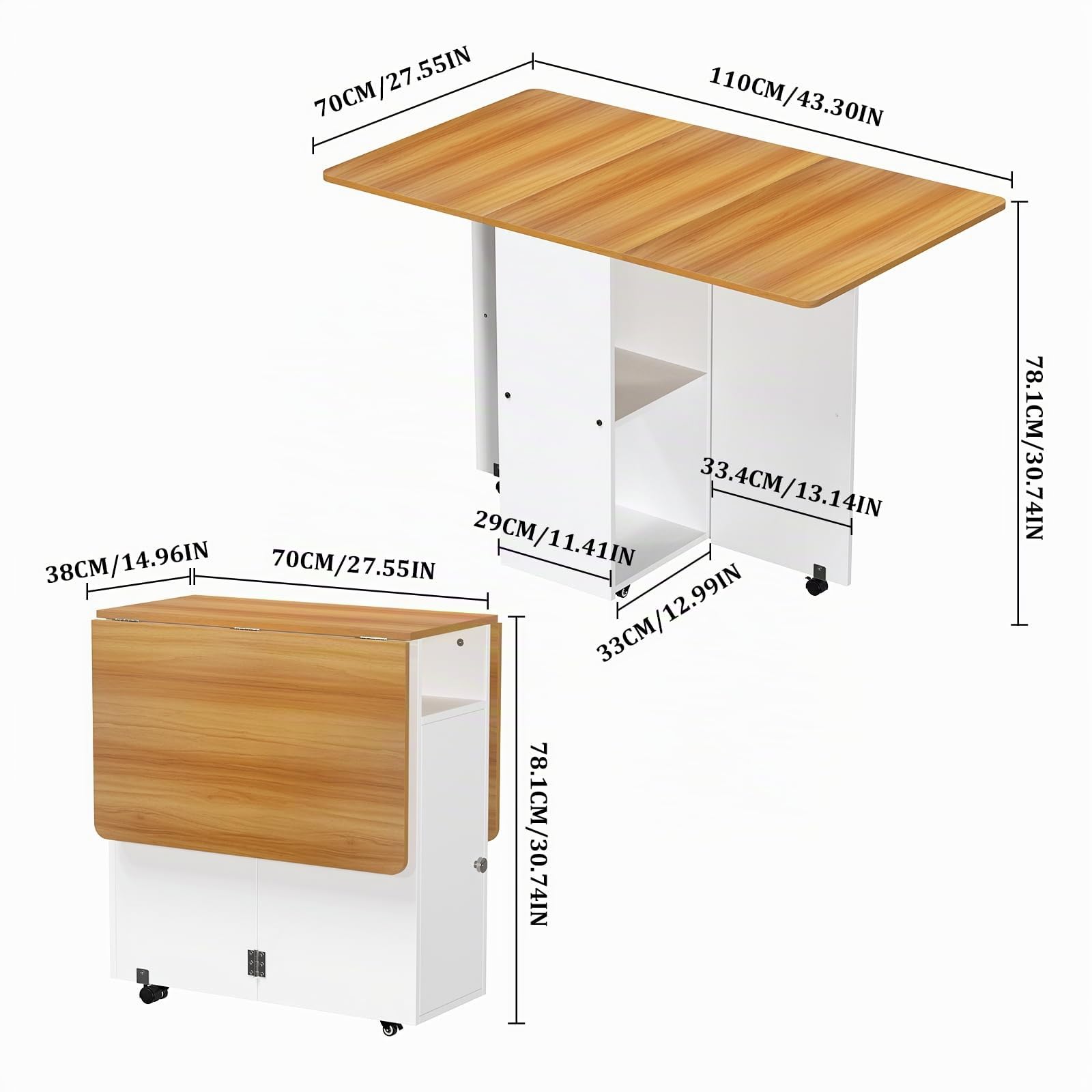 Mesa de Comedor y Cocina Plegable con Ruedas y Compartimento de Almacenamiento 110 * 70 * 78 cm Naranja-Blanco