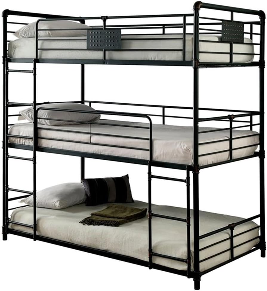 BOWERY HILL Metal Twin Triple Bunk Bed, Antique Black Finish, 78.75" L x 42.38" W x 79" H, Industrial Style with Copper Accents, Safety Guard Rails, Dual Ladders, Sturdy Construction for Kids Room