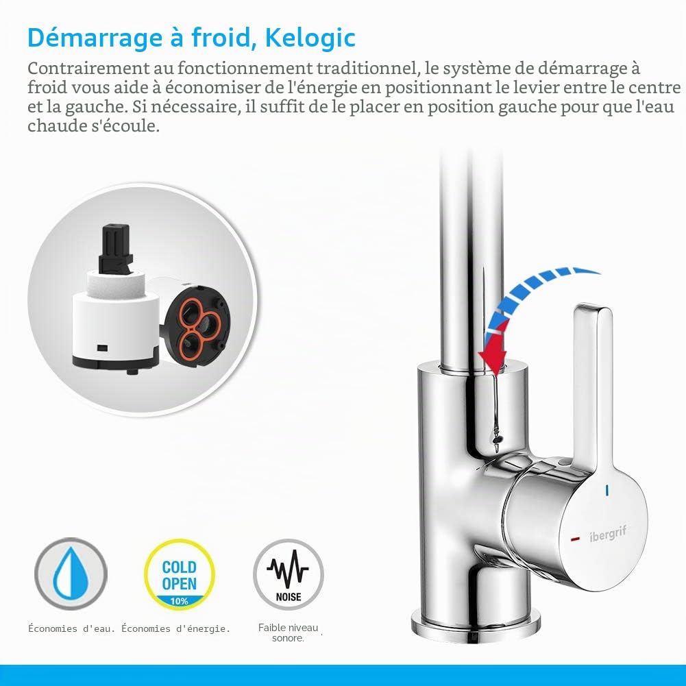 Ibergrif M22105 - Mitigeur Évier avec Bec Haut, Robinet de Cuisine, Chromé, Argent