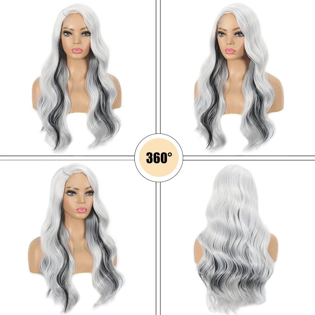 Long White Grey Wig for Women Streak Colorful Wavy Wig Side Part Wave Highlight Wavy Wigs Natural Synthetic Hair Wig for Daily Party Use