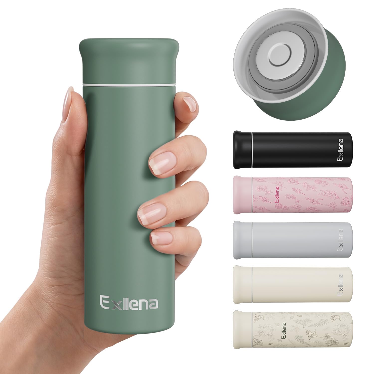 Exllena 250ml Mini Thermal Flask – 100% Leakproof Pocket Travel Mug for Flat White Coffee & Tea – Slim Stainless Steel Small Water Bottle for Handbag, Commute, Milk – BPA Free(Dusty Green)
