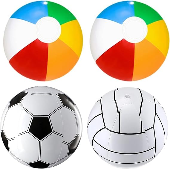 4pcs 11 Inch Inflatable Beach Balls,Inflatable Beach Balls Set,Four Colourful Inflatable Pool Toys Including Two Multicolour Balls,One Football Design and One Volleyball Design for Summer Games