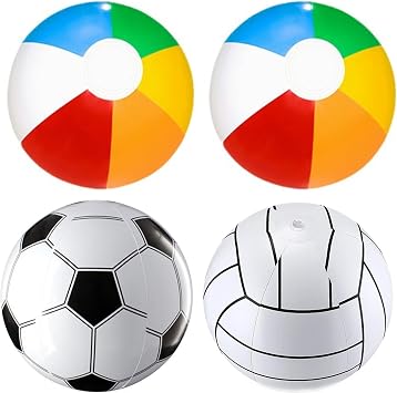 4pcs 11 Inch Inflatable Beach Balls,Inflatable Beach Balls Set,Four Colourful Inflatable Pool Toys Including Two Multicolour Balls,One Football Design and One Volleyball Design for Summer Games