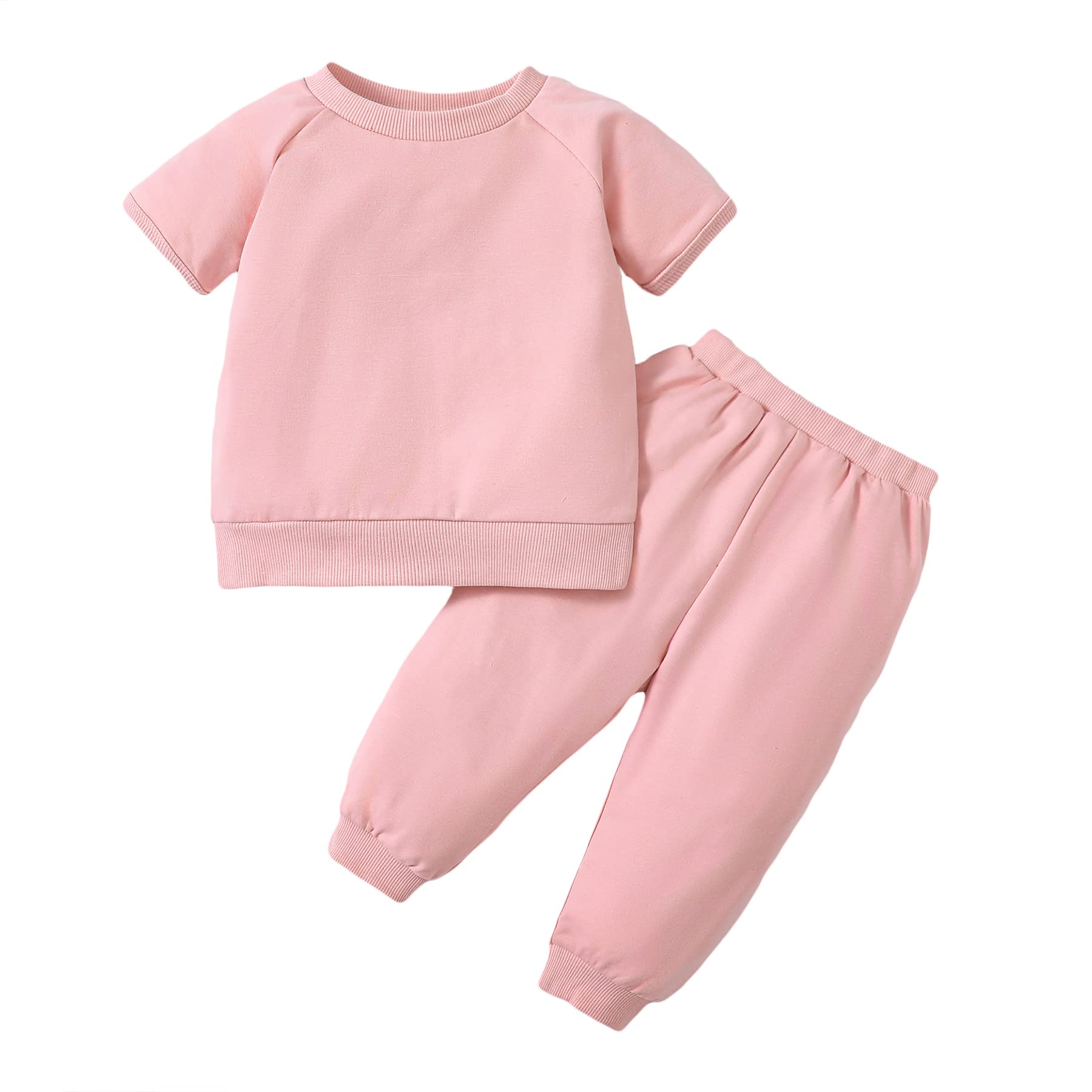 DEFAHN Toddler Baby Boy Girl Clothes Solid Tshirt Short/Long Sleeve Top Pants 2PCS Summer Baby Outfit Set Sweatsuit