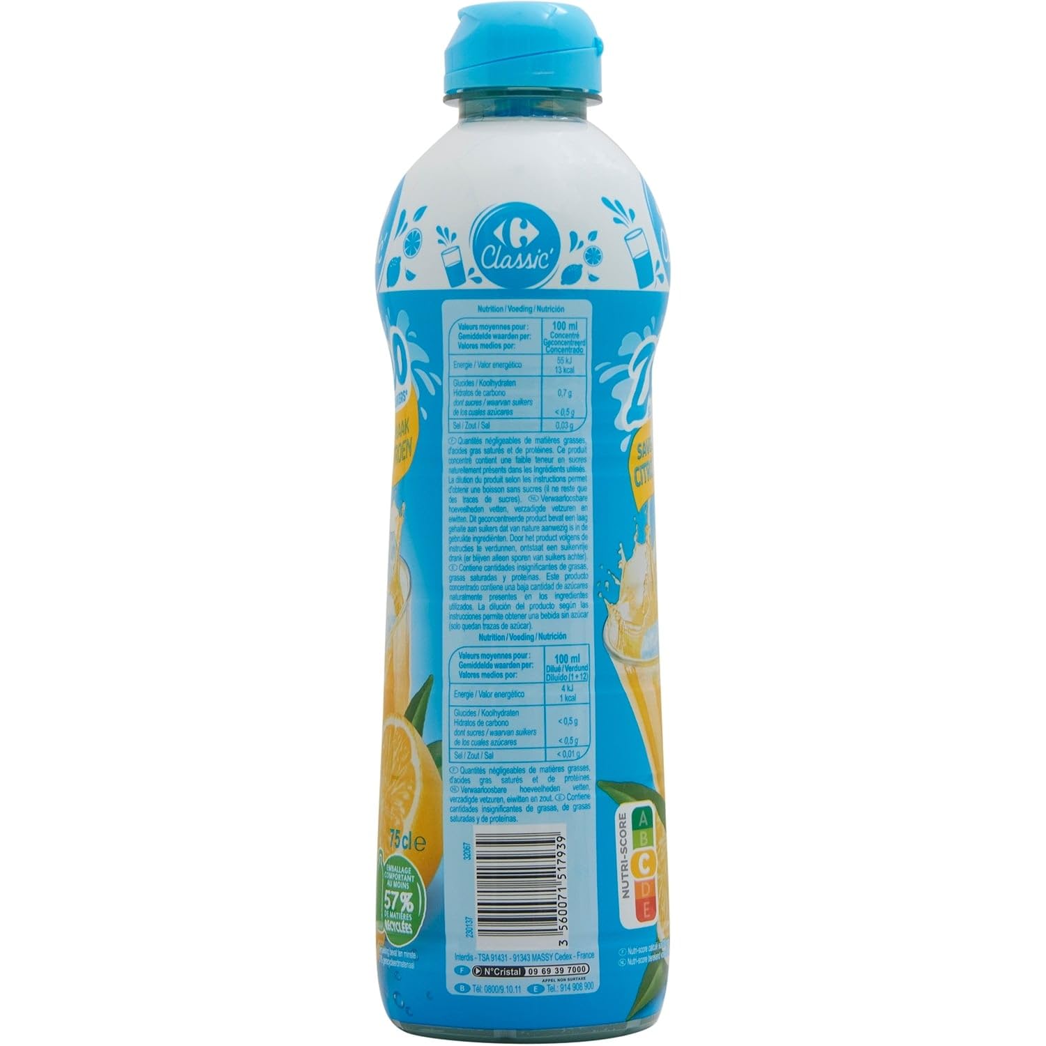 Saveur citron sans sucre — CARREFOUR CLASSIC' — Sirop citron zéro sucres, bouteille de 75cL - Lot de 4