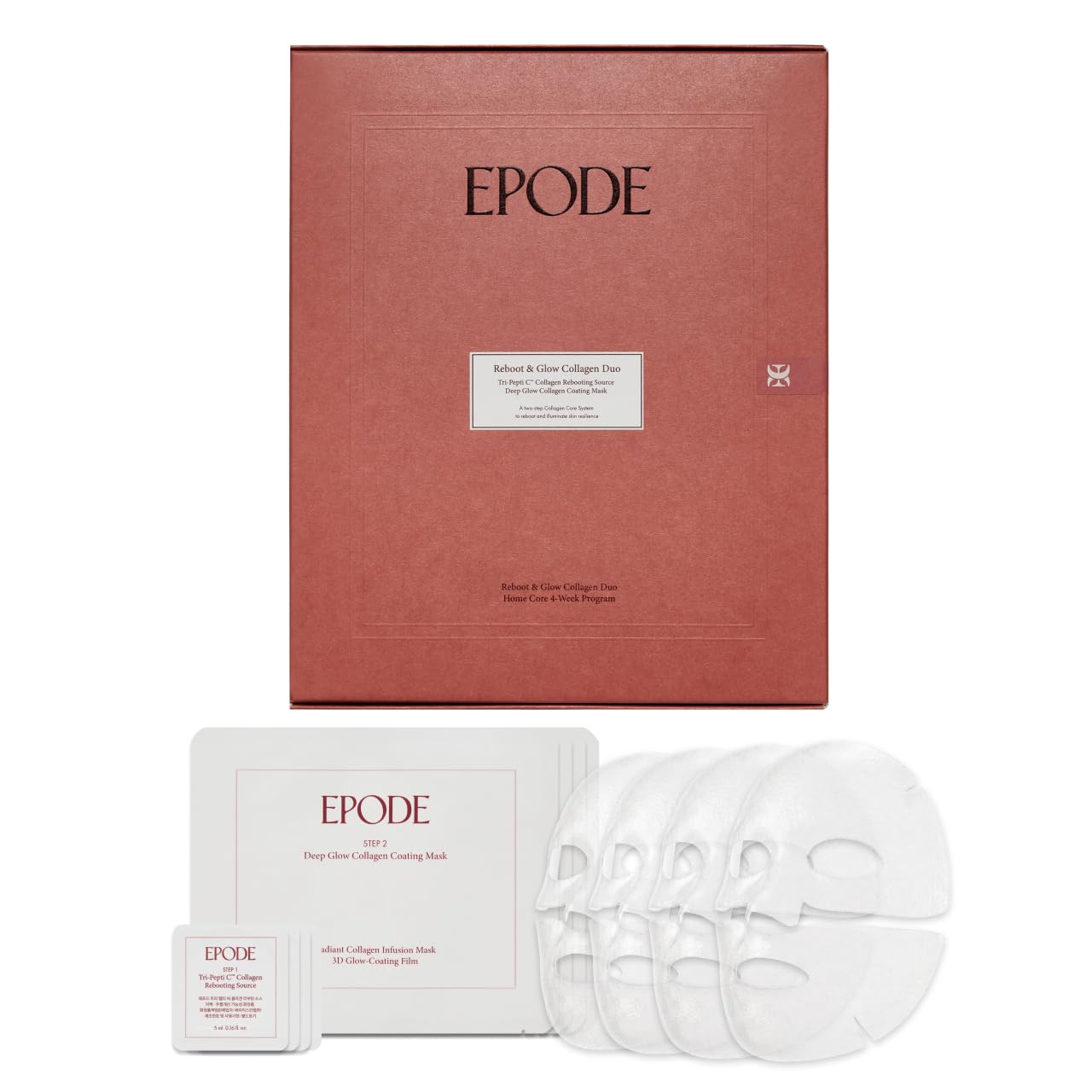 EPODE Reboot & Glow Collagen Duo Hydrating Face Mask 4-Week Program | Korean Ampoule & Collagen Mask Set for Glass Skin | 0.16 fl. oz. Ampoule*4ea, 0.05 oz. Mask Sheet*4ea
