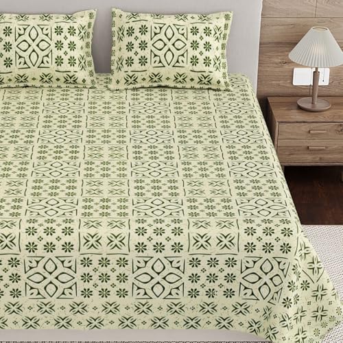 Image of Living Roots Ethnic Jaipur Block Print Double Cotton Bedsheet & 2 Pillow Covers, for Mattress Upto 6 inches Thick, No Colour Bleeding, Green Colour, King Size 90 * 108 inches, 120TC (612-B)