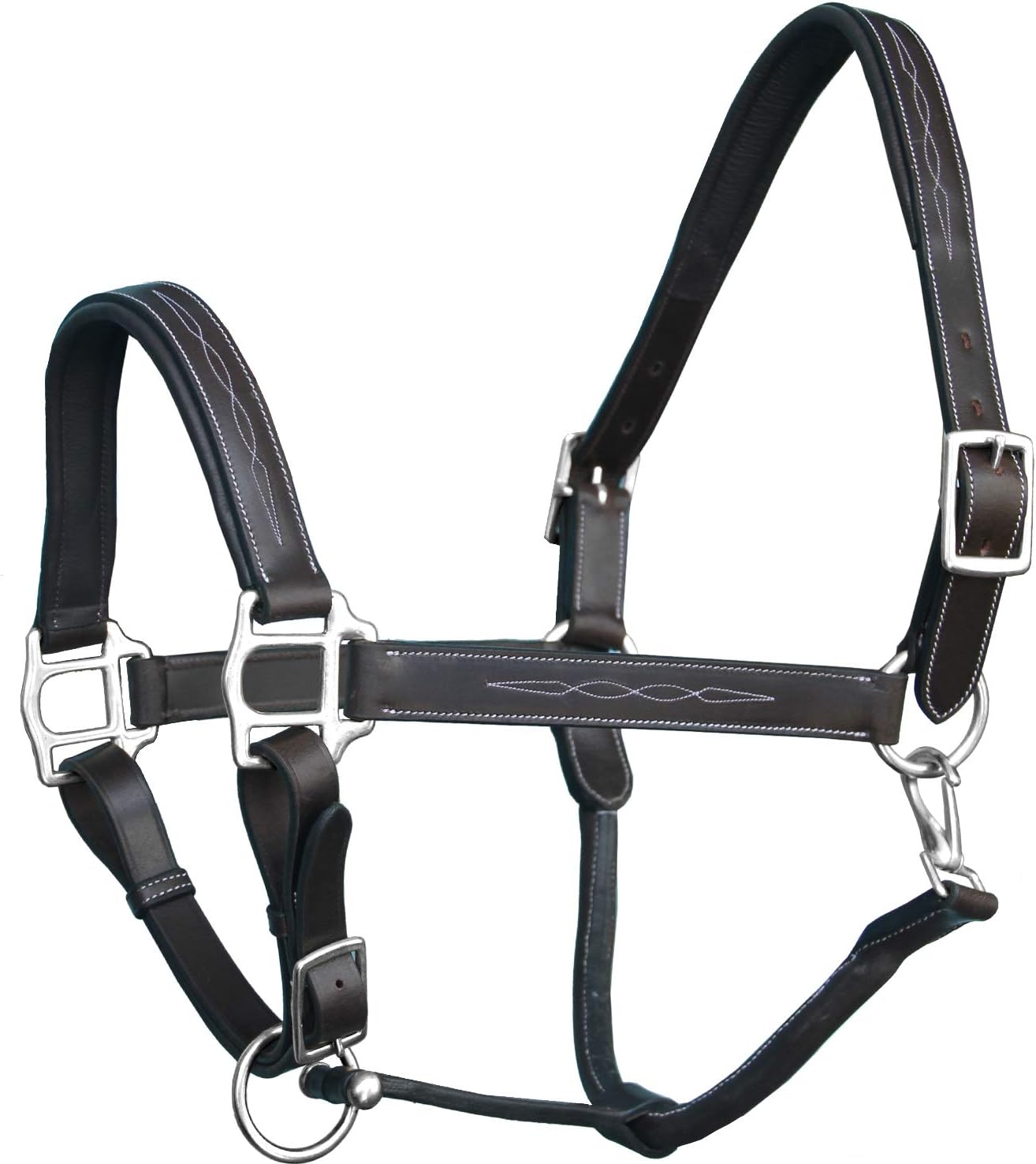 Exion Designer Stitched Padded Cushioned Horse Halter- Silver Hardware | Adjustable Chin and Throat Snap Halter | Replaceable Crownpiece Halter | Quick Release | Black, Havana Brown | Over, Full