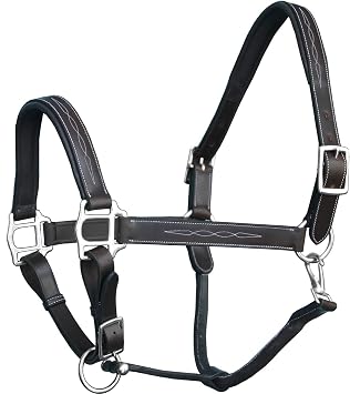 Exion Designer Stitched Padded Cushioned Horse Halter- Silver Hardware | Adjustable Chin and Throat Snap Halter | Replaceable Crownpiece Halter | Quick Release | Black, Havana Brown | Over, Full