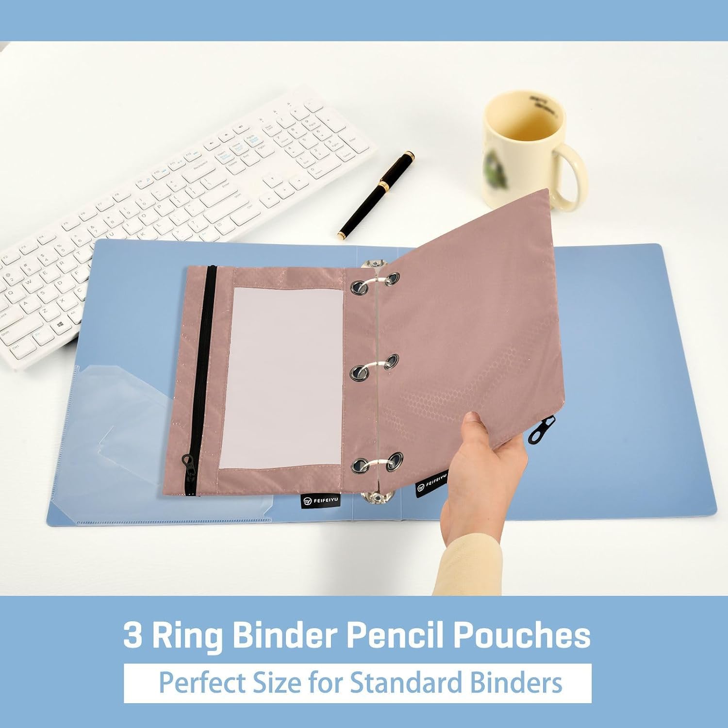 MCHIVER Rose Gold Pencil Pouch for 3 Ring Binder Pencil Pouches with Zippers Clear Window Binder Pockets Pencil Bags for Work Daily Office 2 Packs image 5